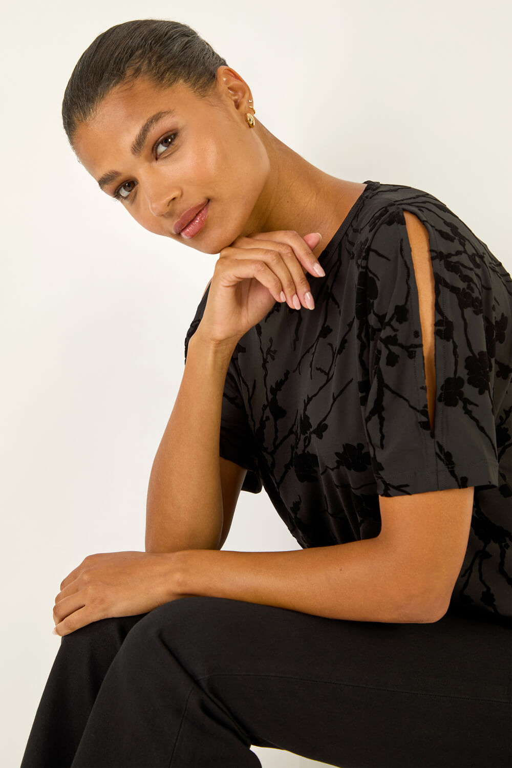 Black Floral Flocked Stretch Top, Image 5 of 5