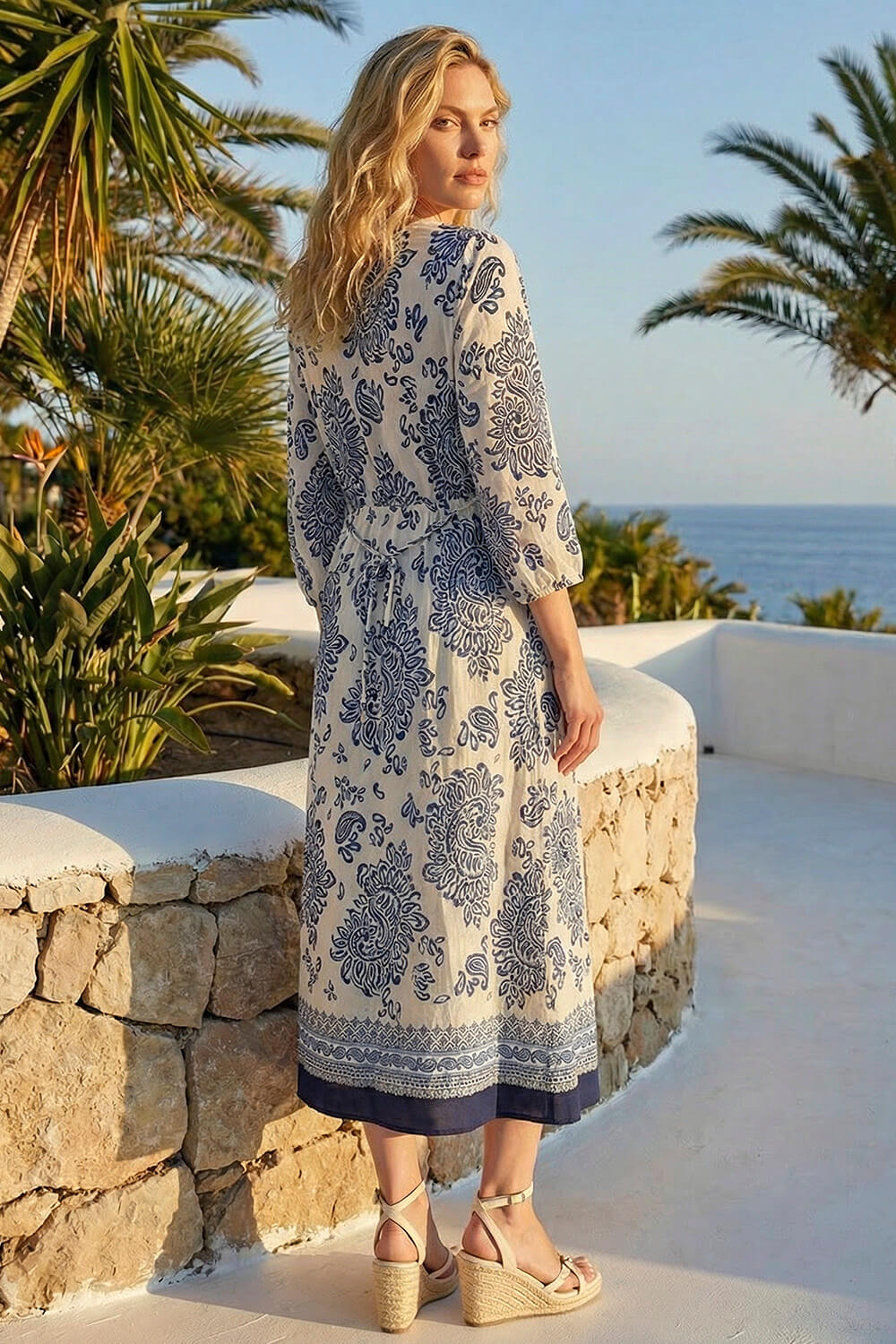 Navy Border Print V-Neck Midi Dress , Image 4 of 4