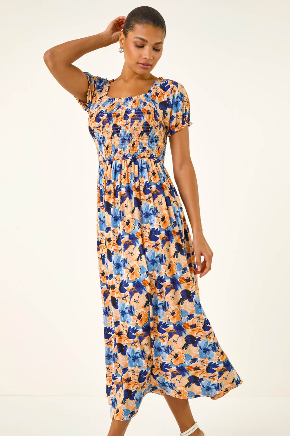 ORANGE Floral Print Shirred Stretch Maxi Dress, Image 5 of 5