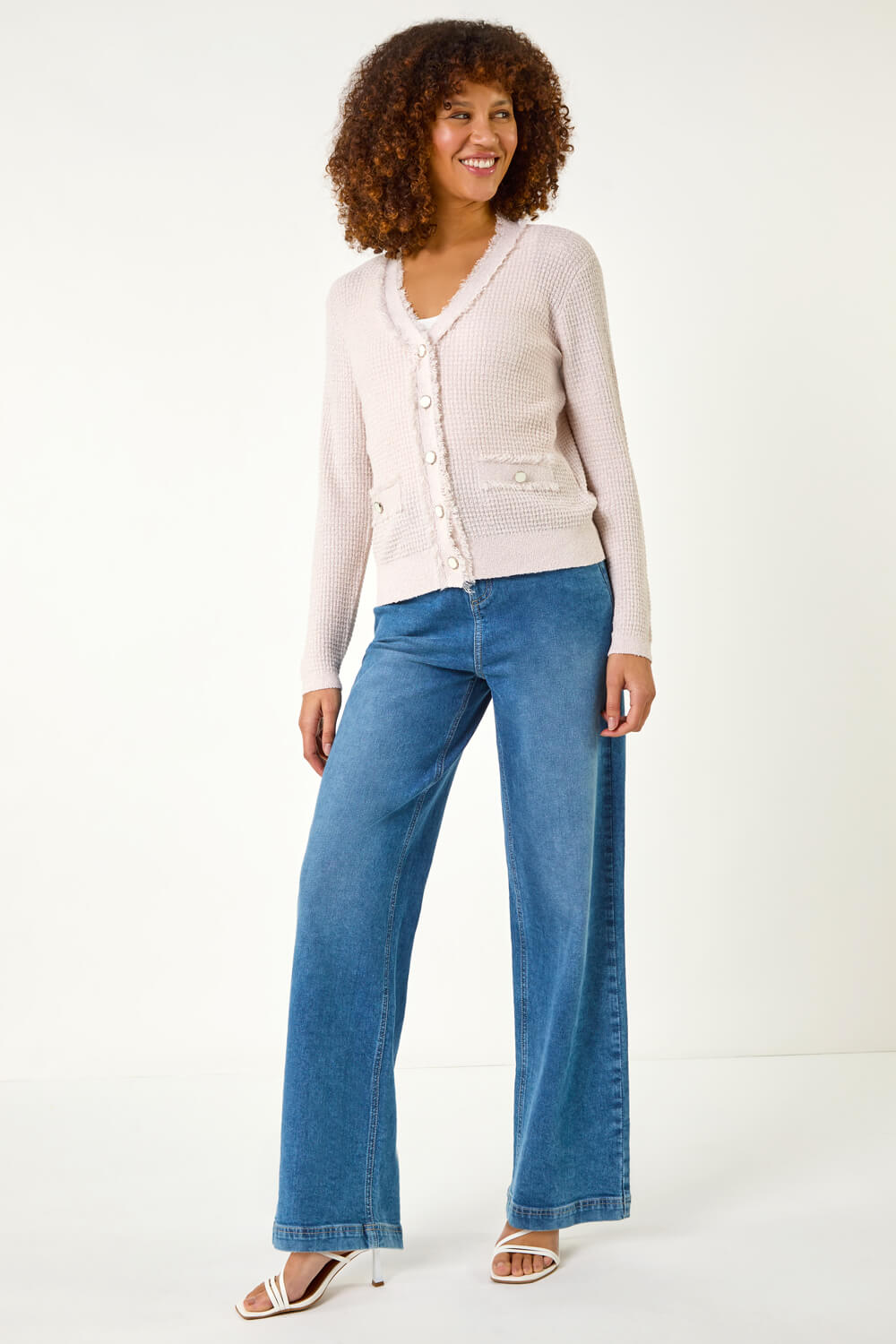 Light Pink Fringe Button Knit Cardigan, Image 3 of 7
