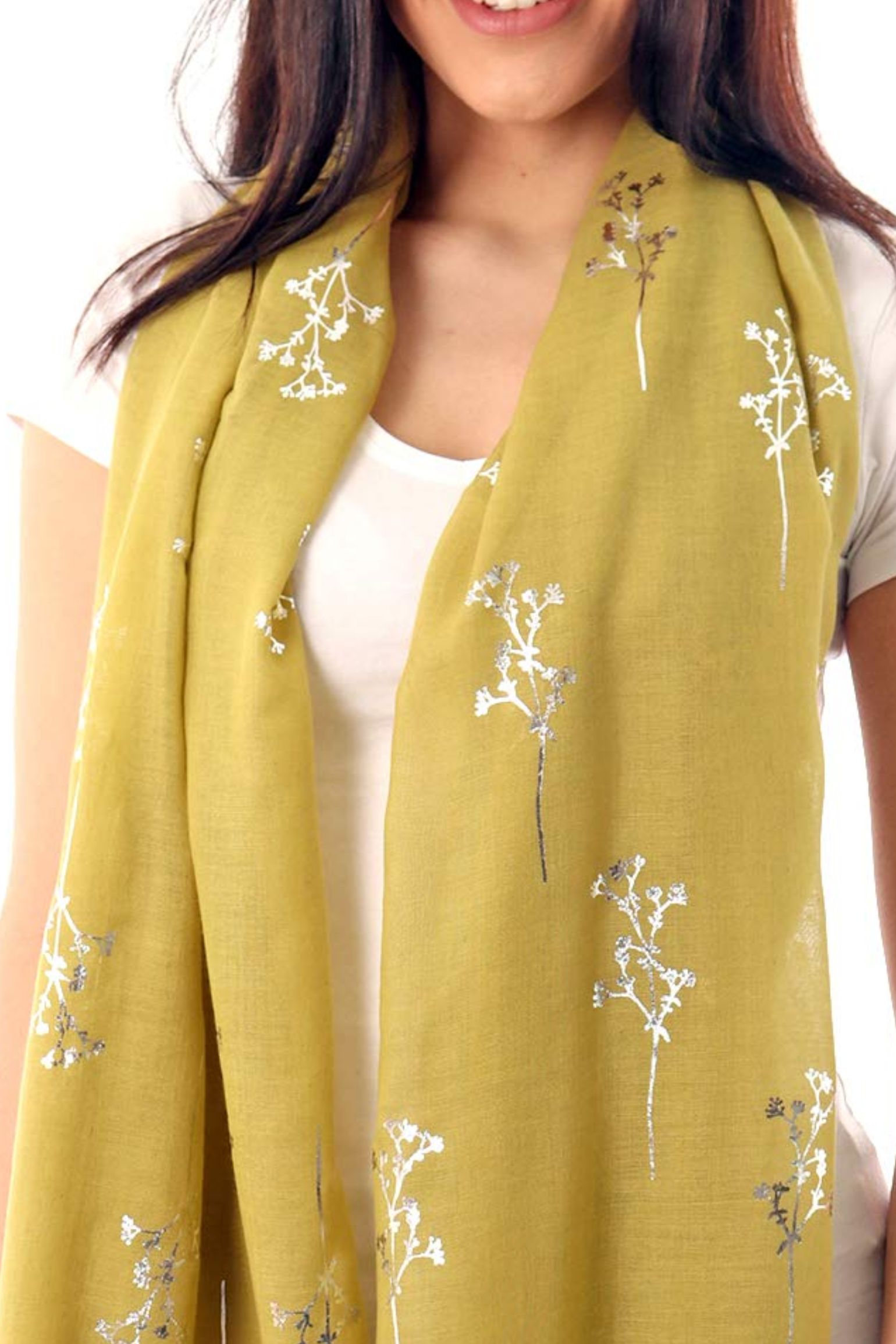 Mustard Silver Foil Floral Sprig Lightweight Scarf, Image 2 of 3