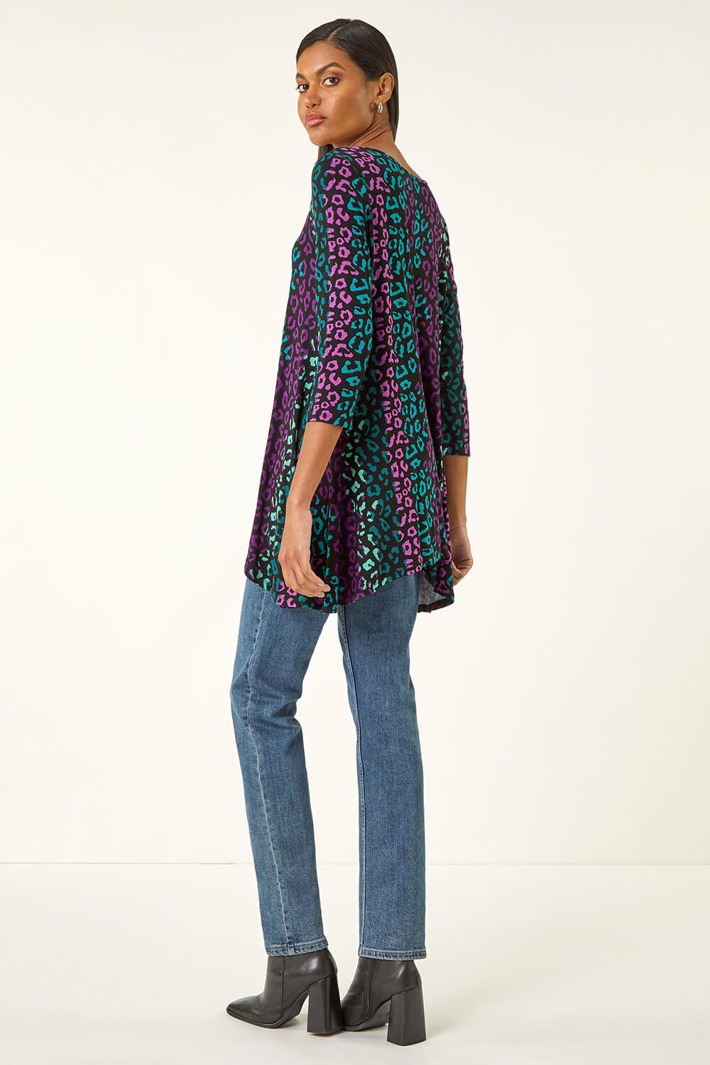 Teal Animal Print Hanky Hem Stretch Top, Image 4 of 5