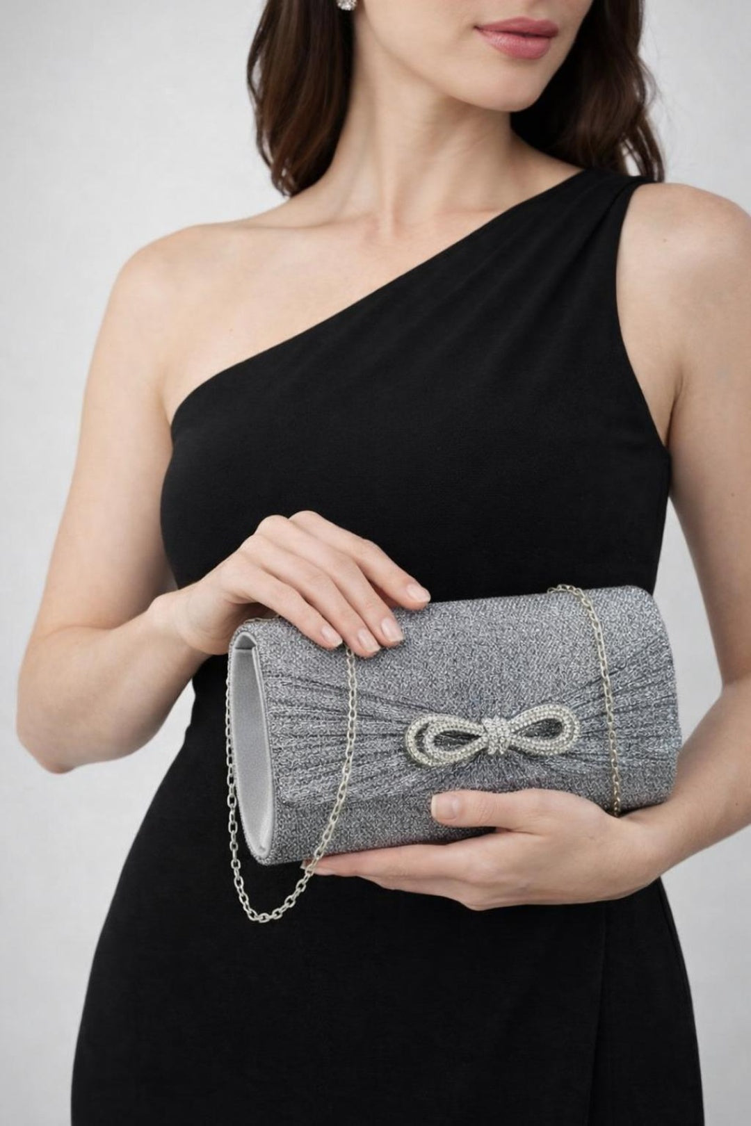 Black Metallic Clutch With Diamante Bow