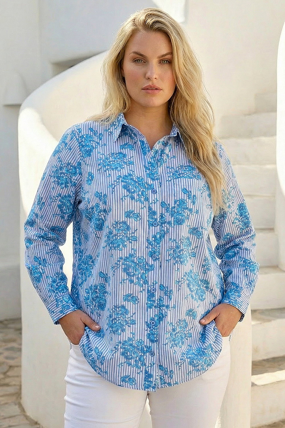 Blue Curve Stripe Floral Print Blouse , Image 3 of 4