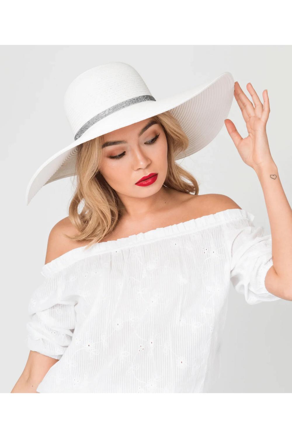 White Romero - Rhinestone Belt Straw Floppy Hat - White, Image 1 of 2