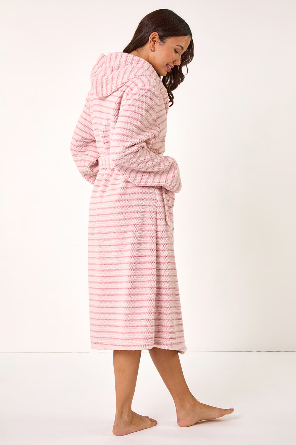 Pink Pinstripe Honeycomb Hooded Dressing Gown, Image 4 of 5