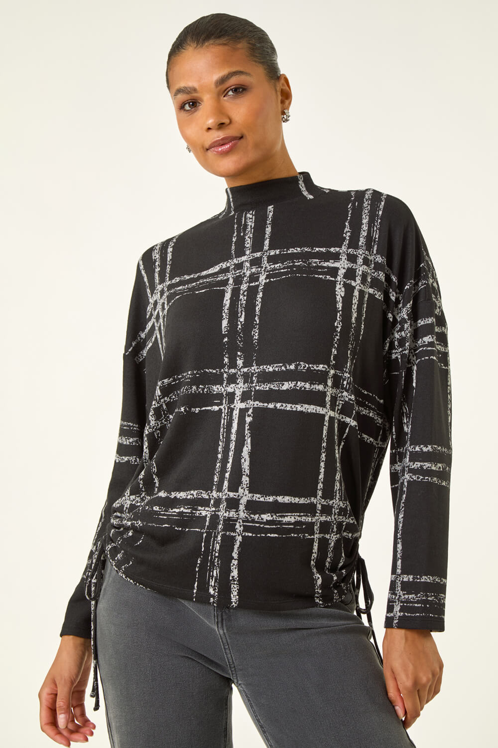 Black Plaid Print Side Tie Top, Image 5 of 5