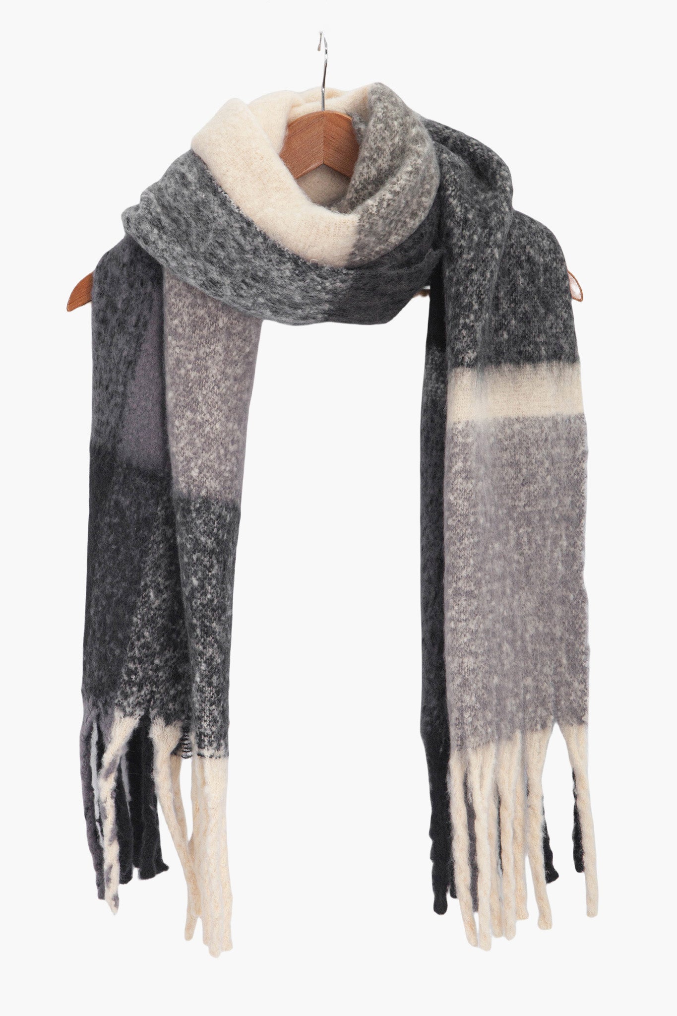 Black Colour Block Tassel Heavyweight Winter Scarf, Image 2 of 3