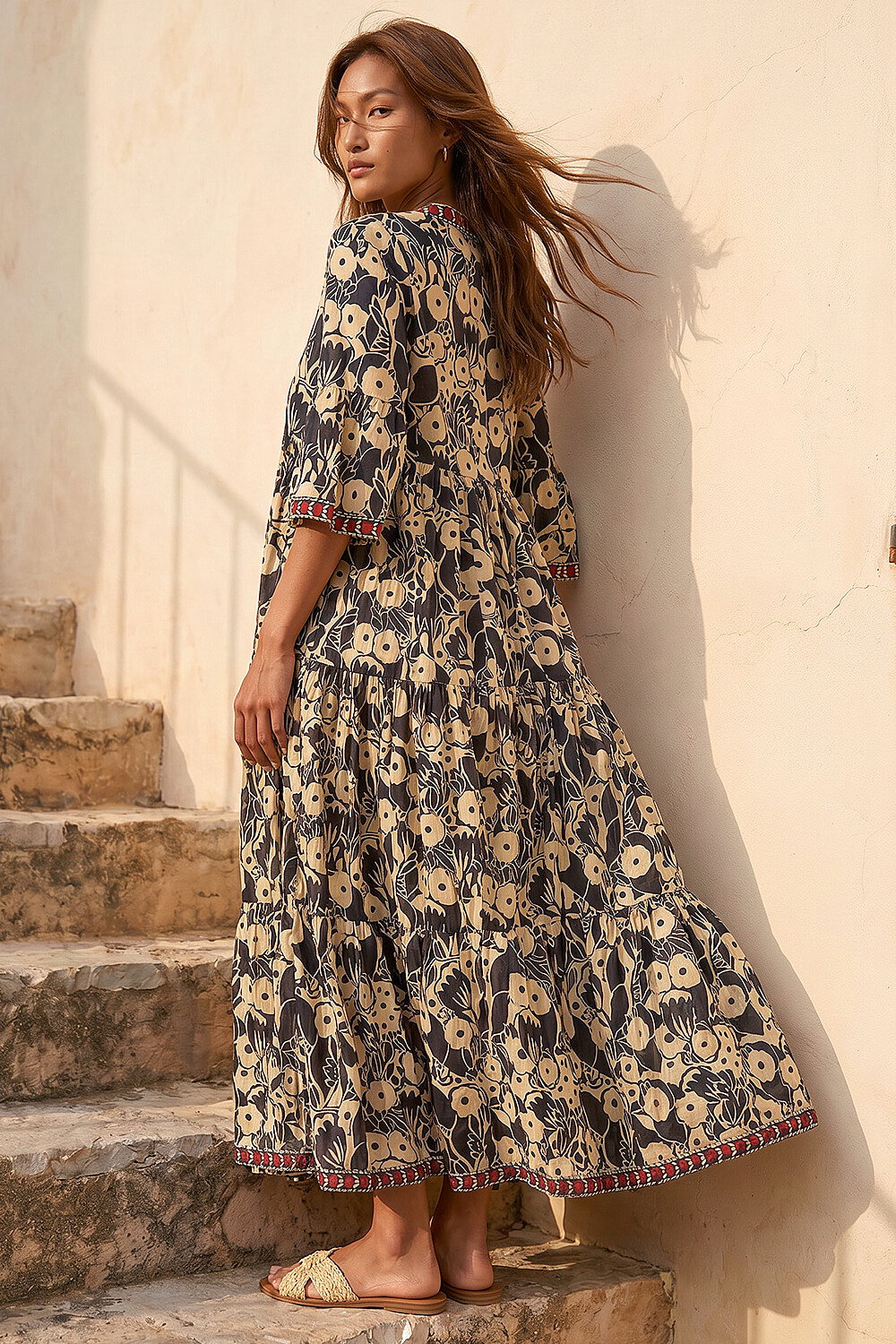 Brown Floral Print Border Maxi Dress, Image 4 of 4