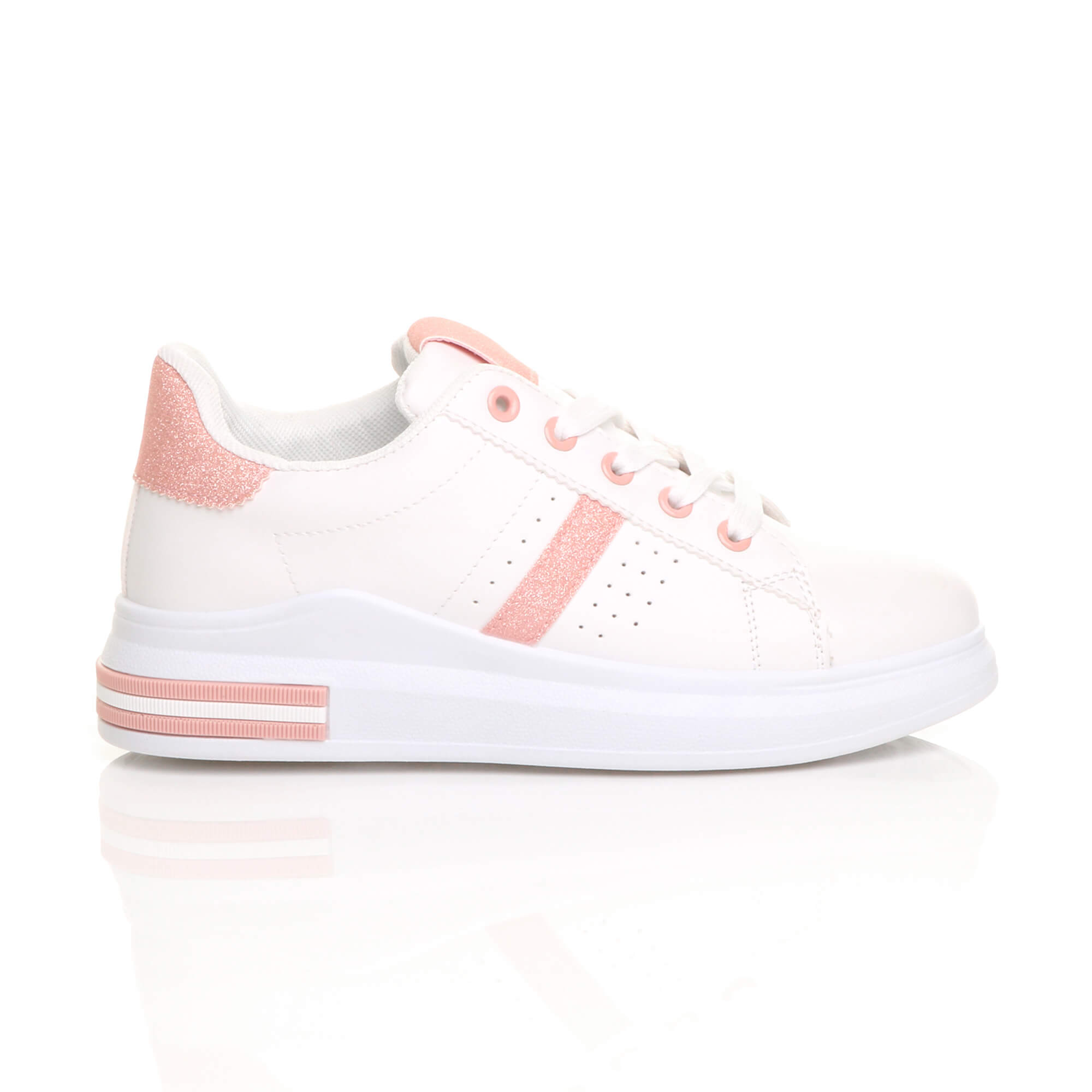 White Flat Lace Up Glitter Trainers, Image 2 of 5