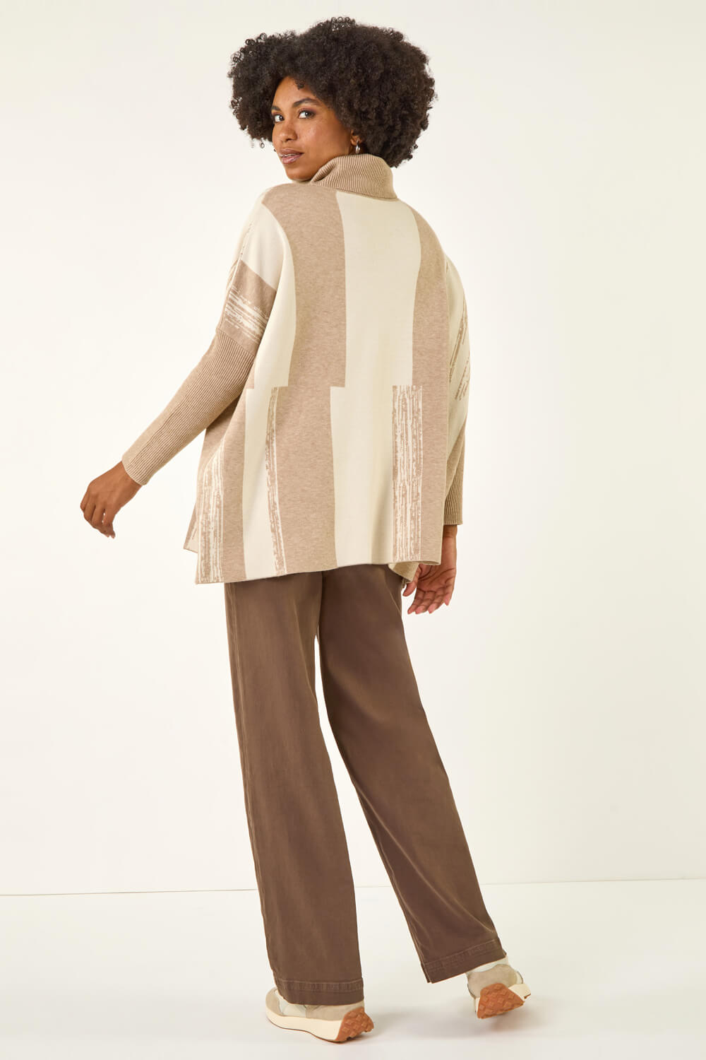 Beige Colour Block Longline Knit Jumper, Image 4 of 5