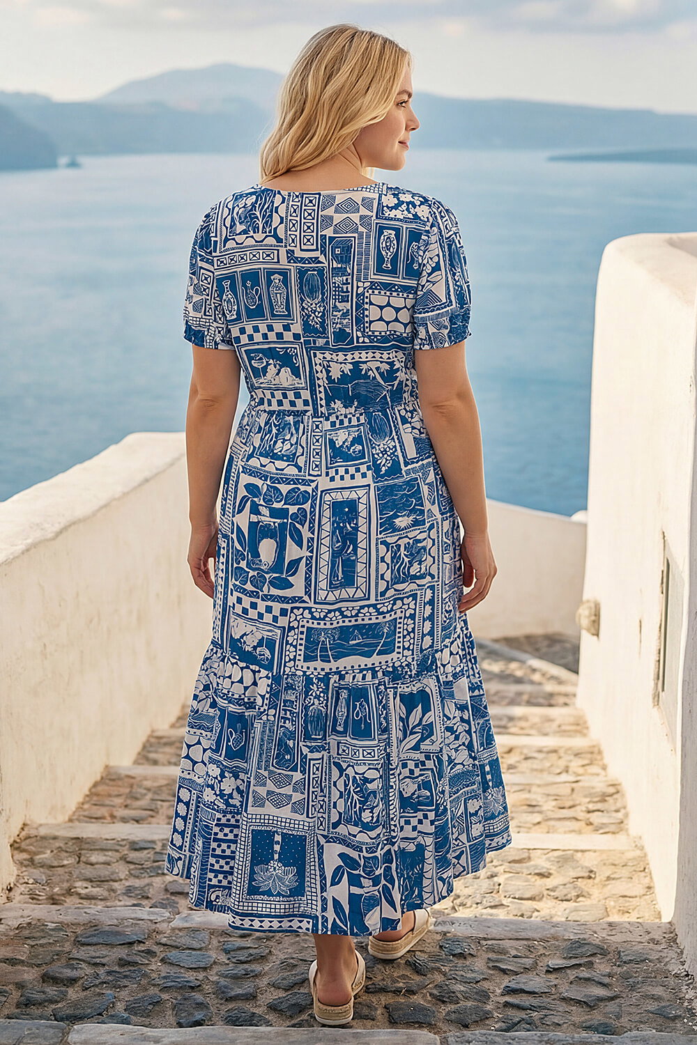 Blue Curve Postcard Print Midi Dress , Image 4 of 4