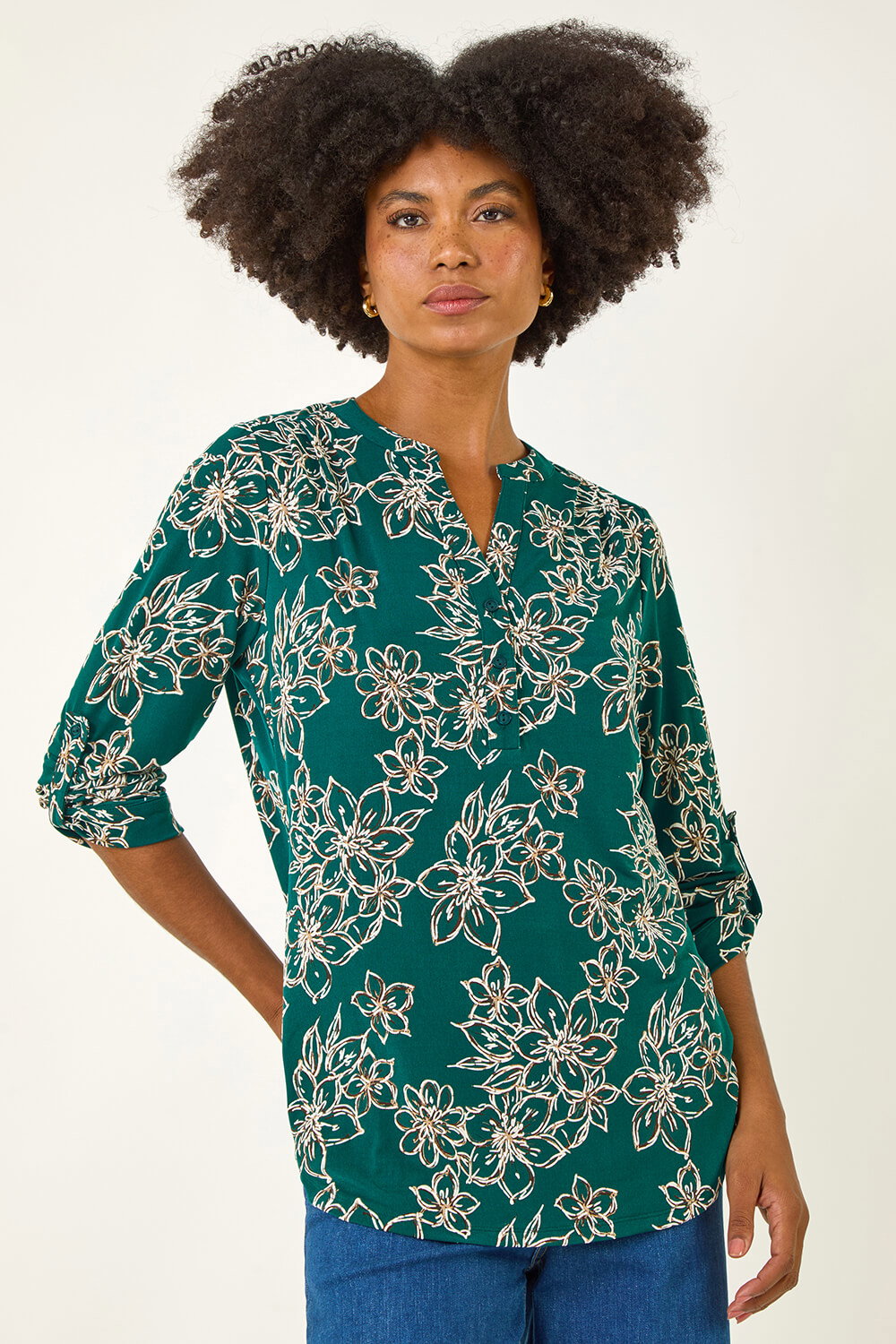 Teal Floral Puff Print Stretch Top, Image 5 of 5
