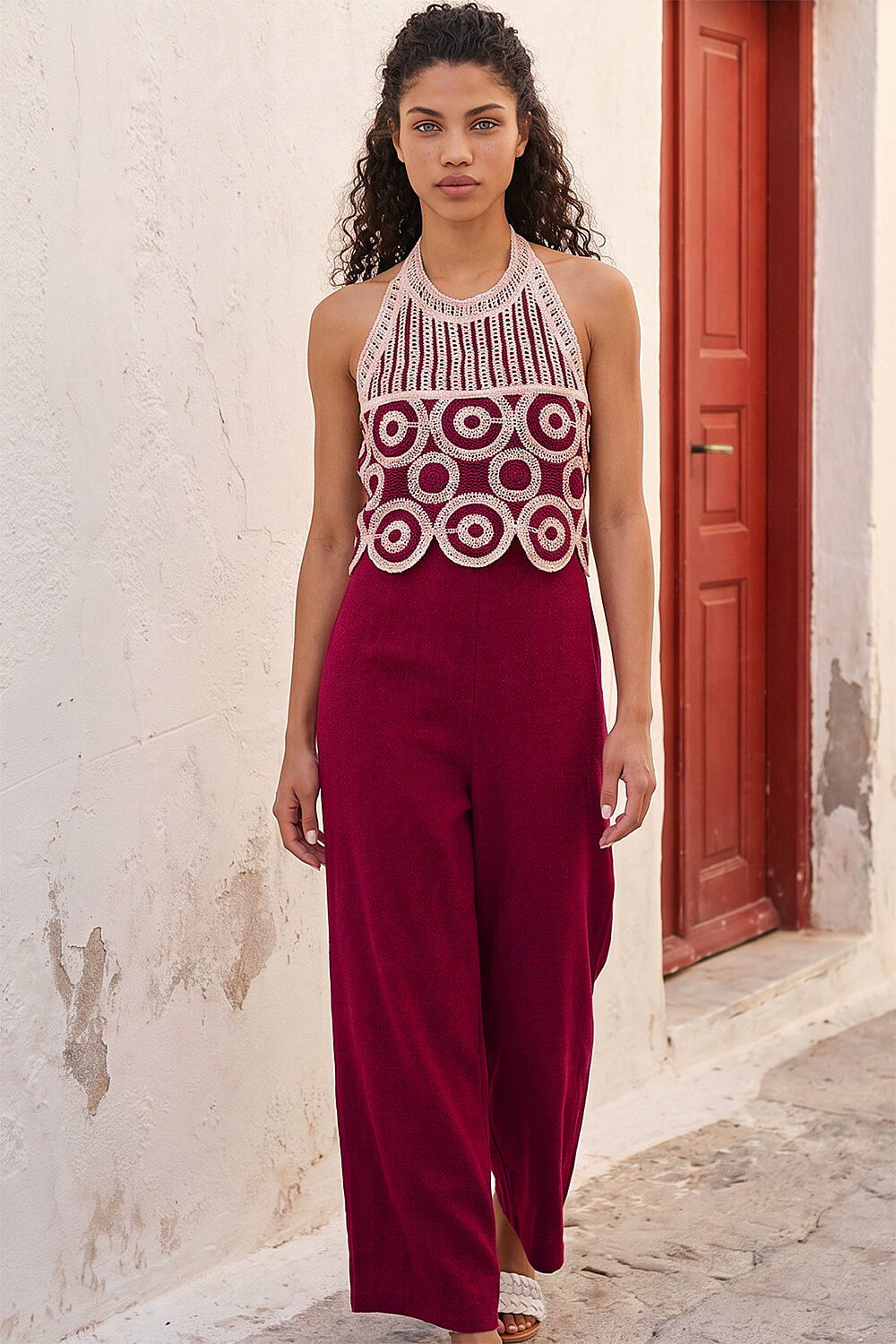 Wine Petite Crochet Detail Linen Blend Jumpsuit, Image 3 of 4