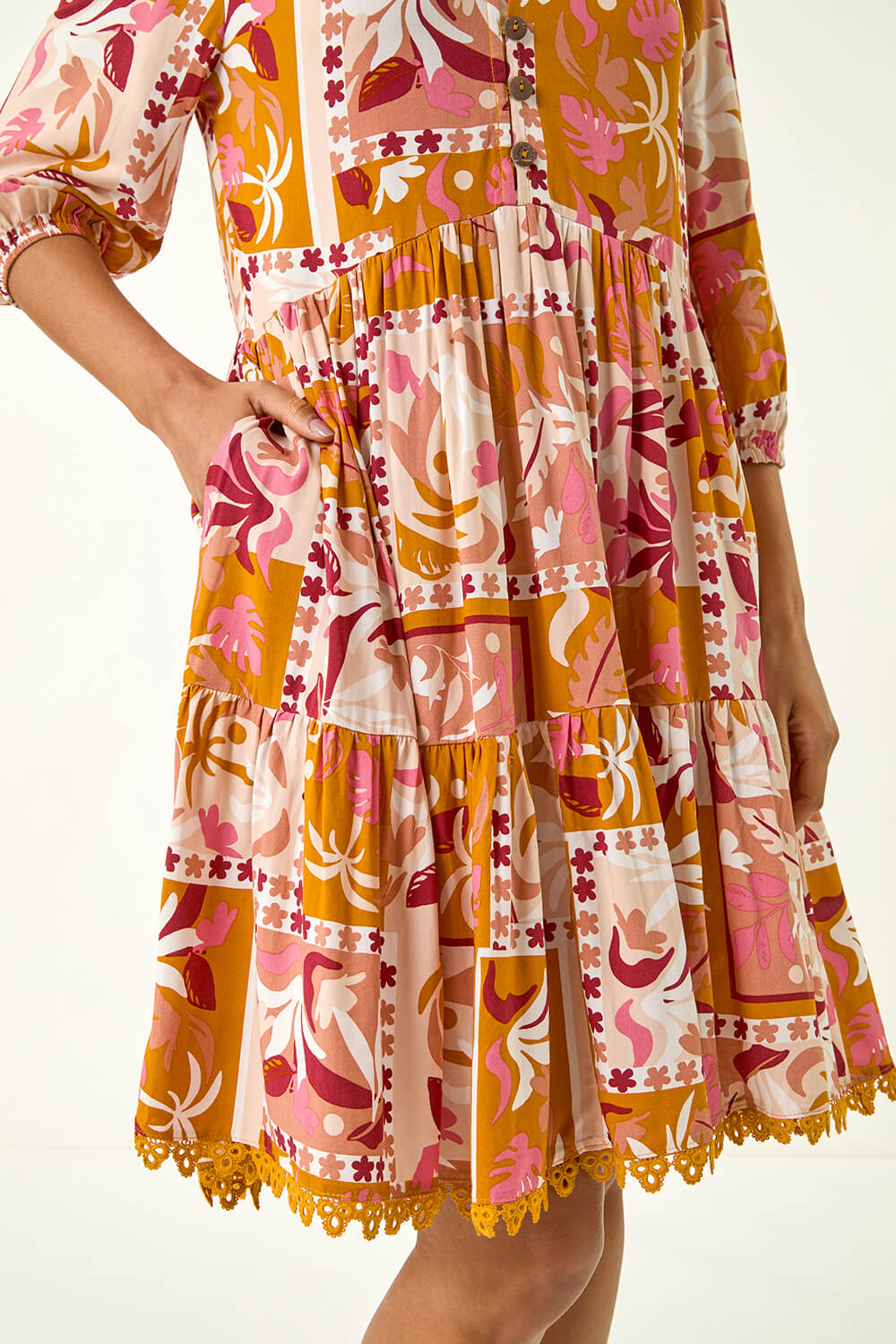Amber Patchwork Smock V-Neck Dress, Image 6 of 5