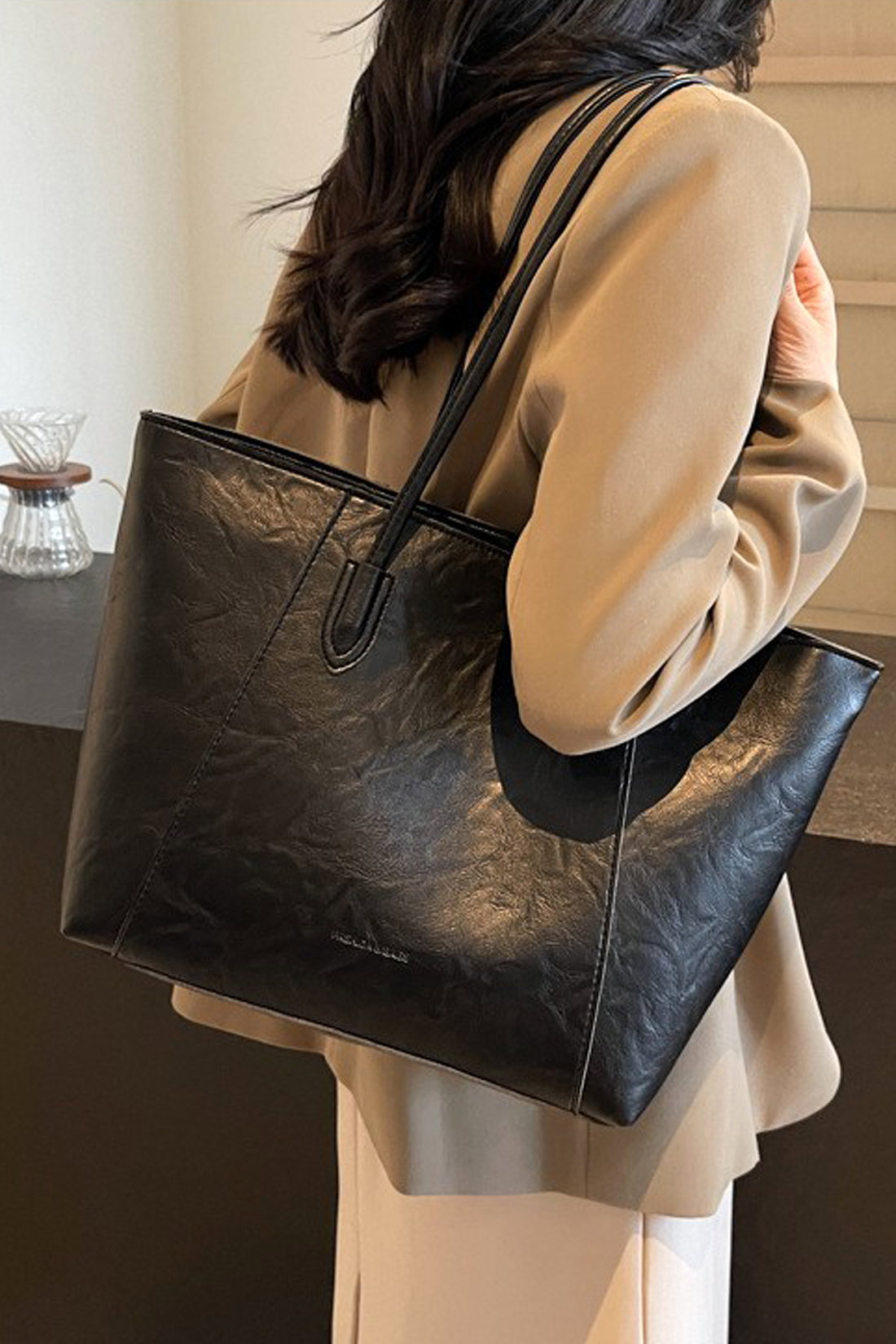 Black Large Tote Handbag With Shoulder Strap, Image 2 of 4