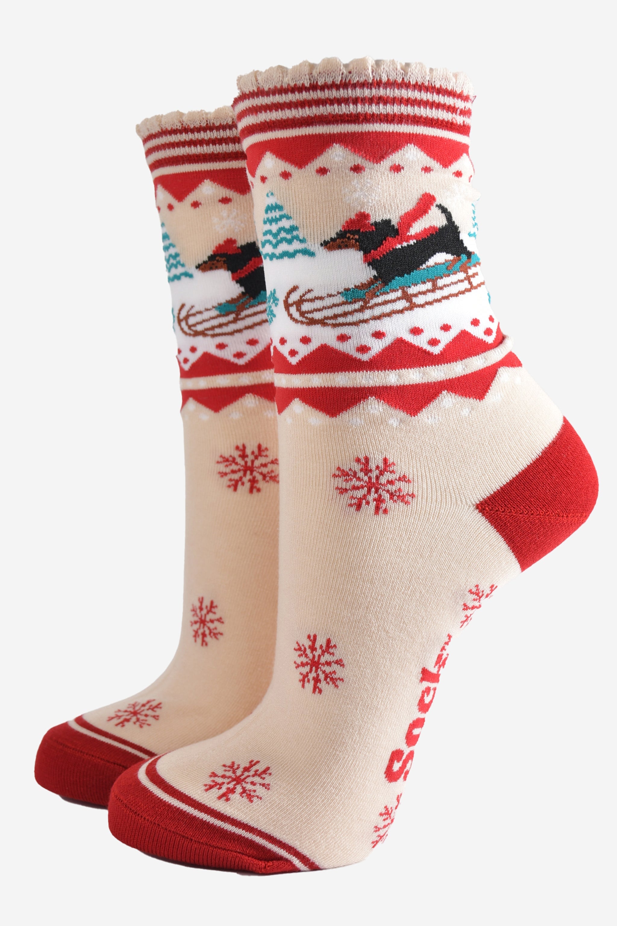 Red Sledging Sausage Dogs Bamboo Socks, Image 1 of 1