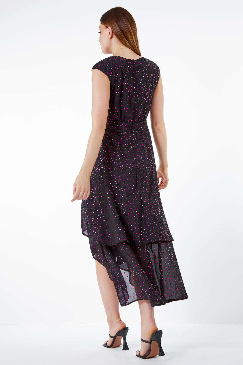 Black Metallic Spot Wrap Midi Dress , Image 4 of 5