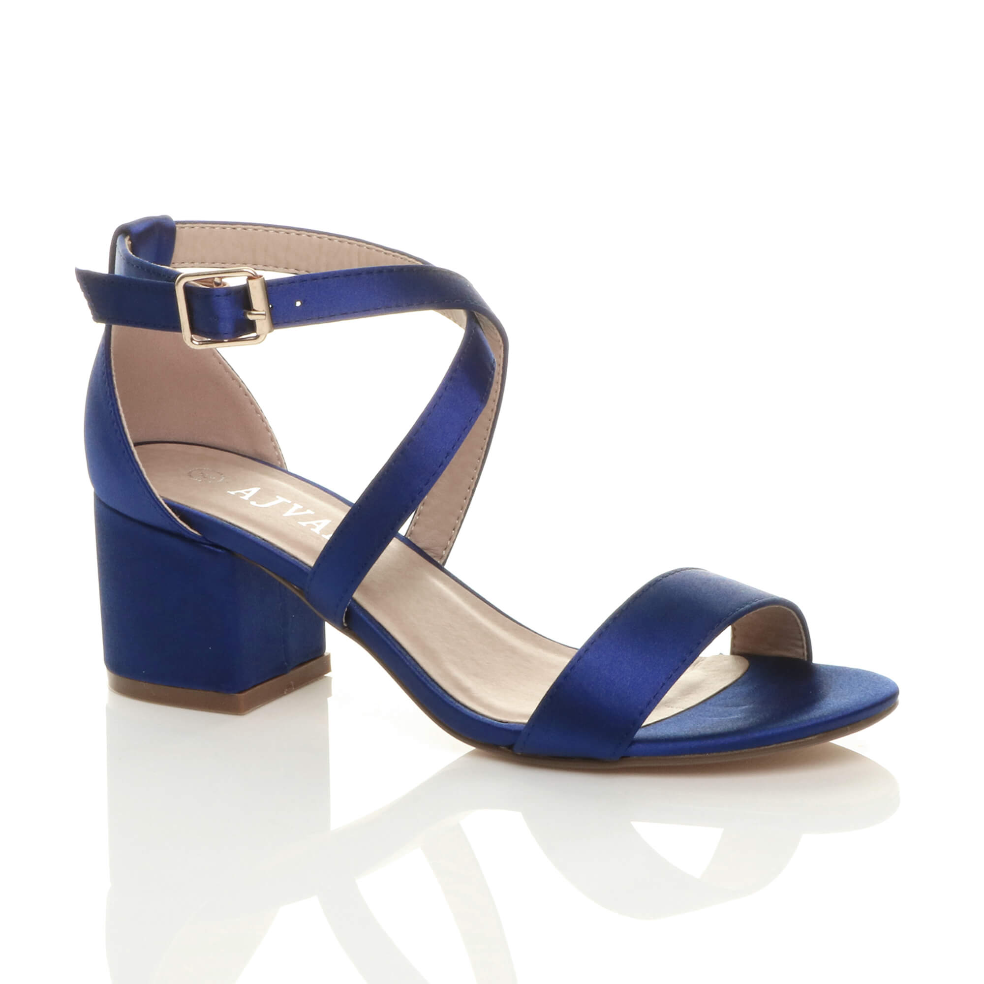 Navy Blue AJVANI Navy Blue Mid Block Heel Crossed Straps Sandals, Image 1 of 6