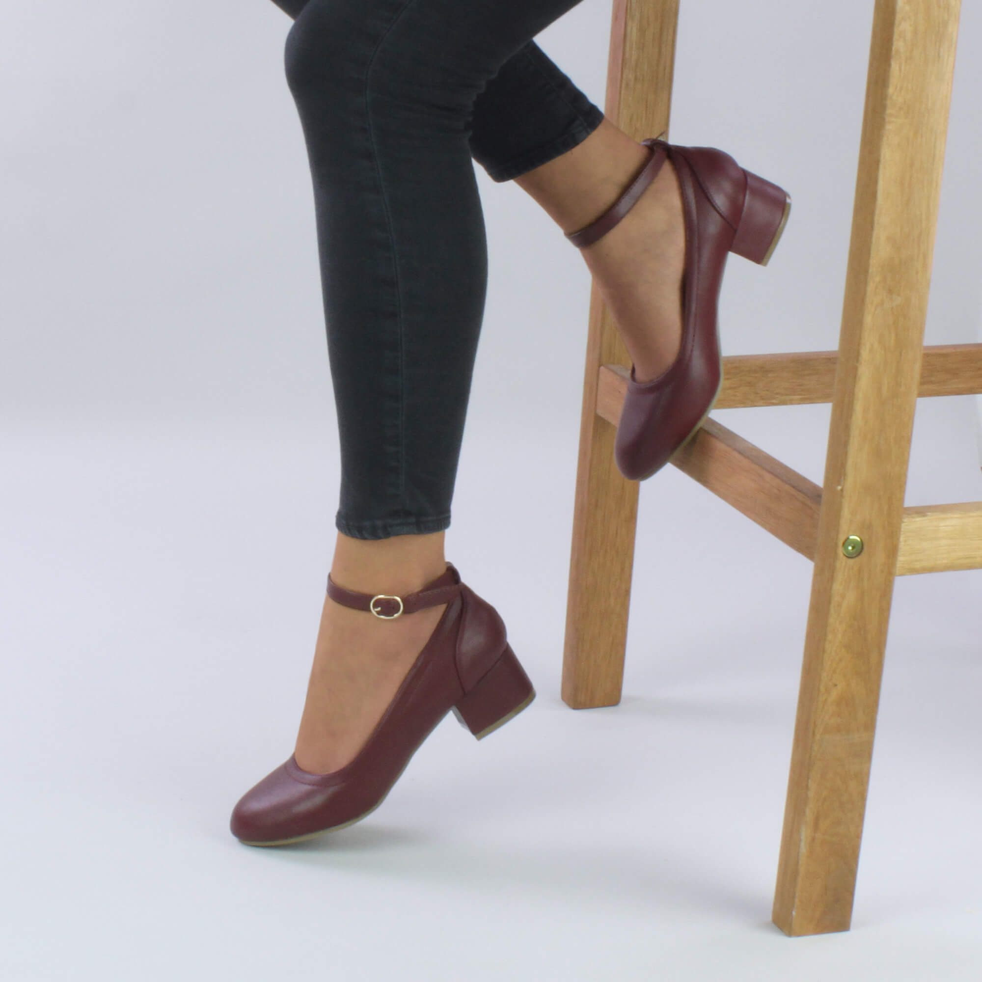 Burgundy Low Block Heel Ankle Strap Court Shoes, Image 5 of 6