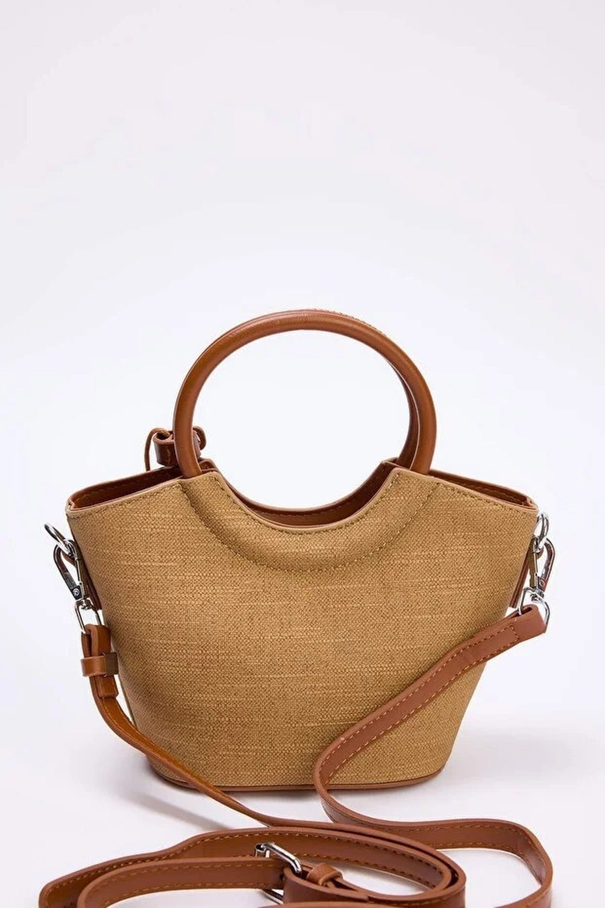 Beige Women's Woven Mini Tote Bag with Ring Handle and Charm Detail, Image 3 of 3