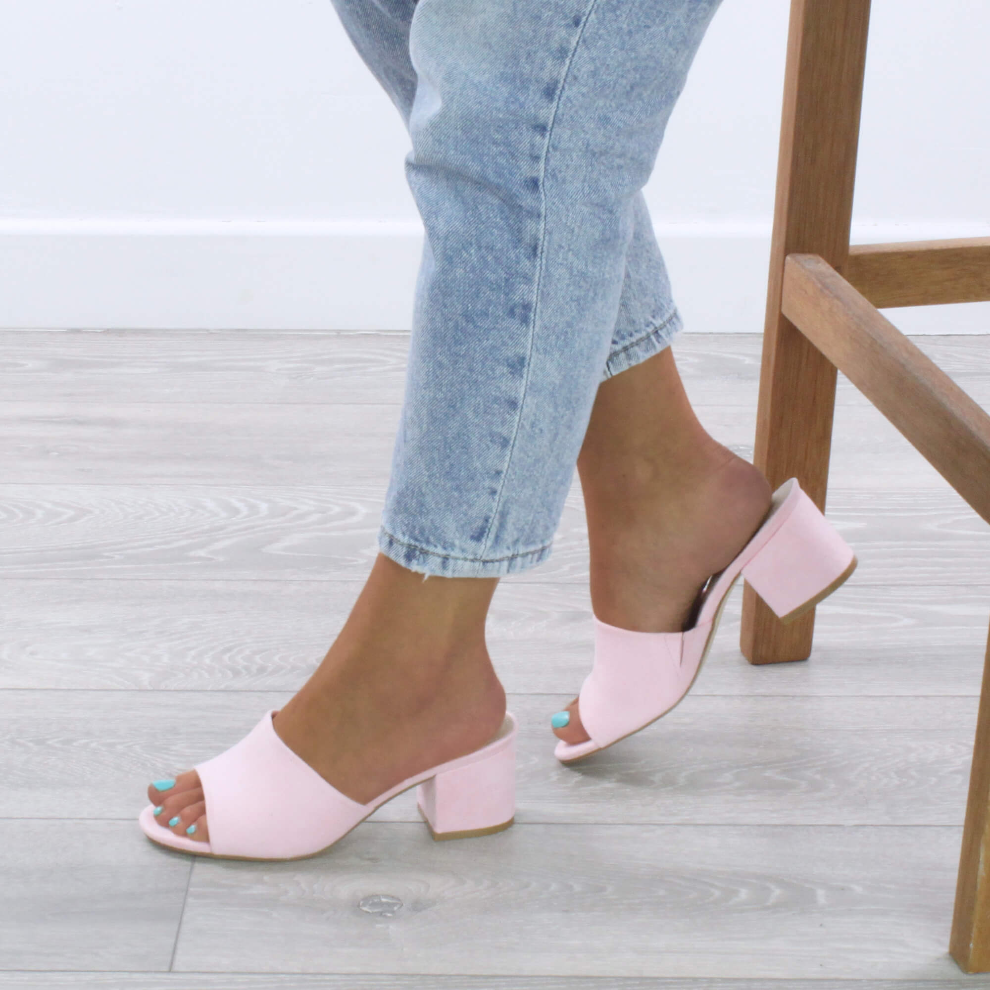 Light Pink AJVANI Light Pink Mid Block Heel Peep Toe Mules Sandals, Image 5 of 6