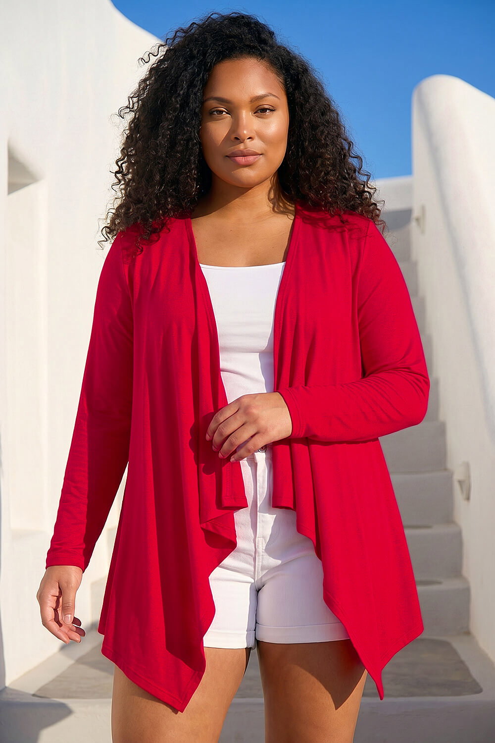 Roman Curve Women's Red Waterfall Longline Cardigan Size 22-24