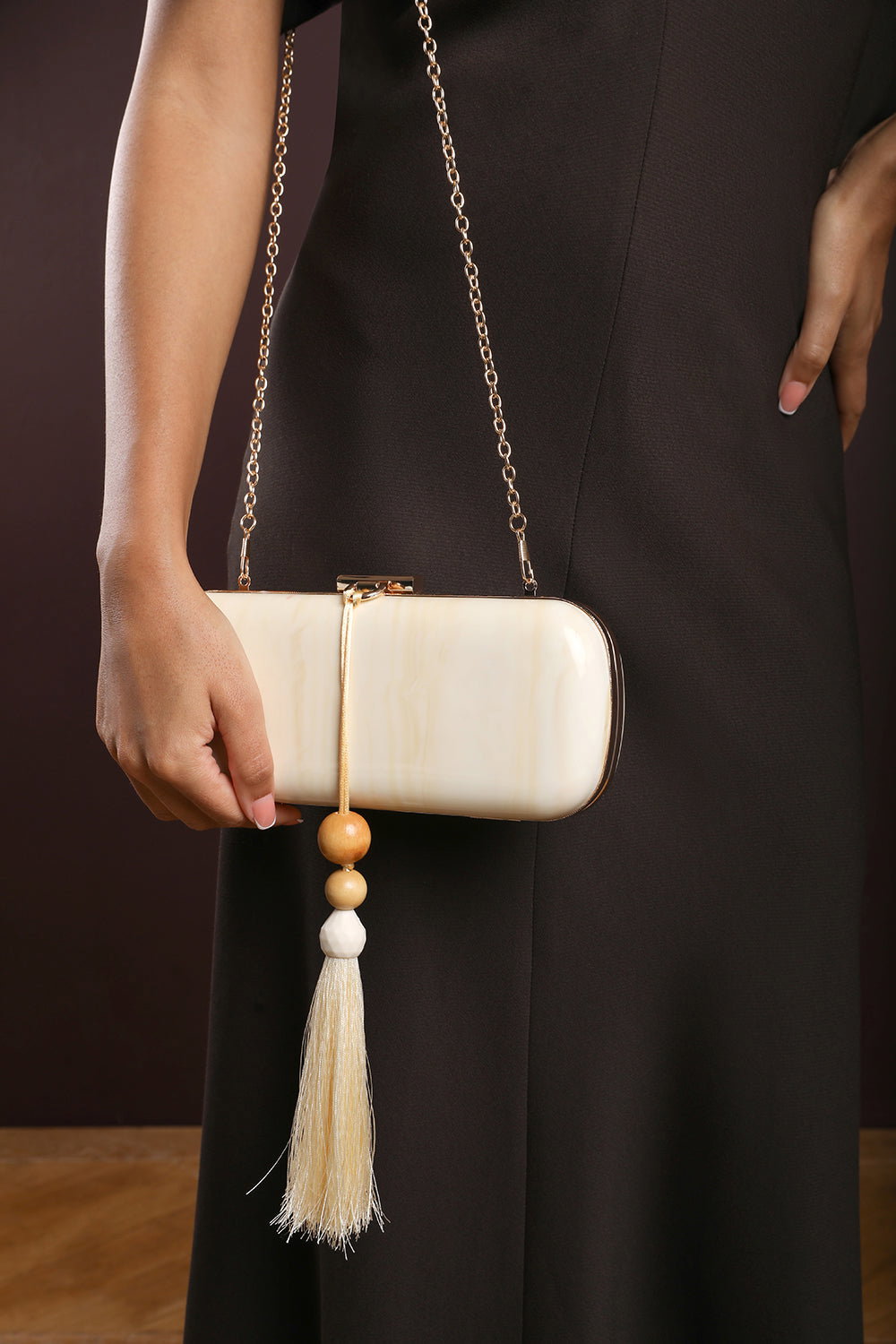 White Falcon Marble Finish Tassel Clutch Bag, Image 8 of 8
