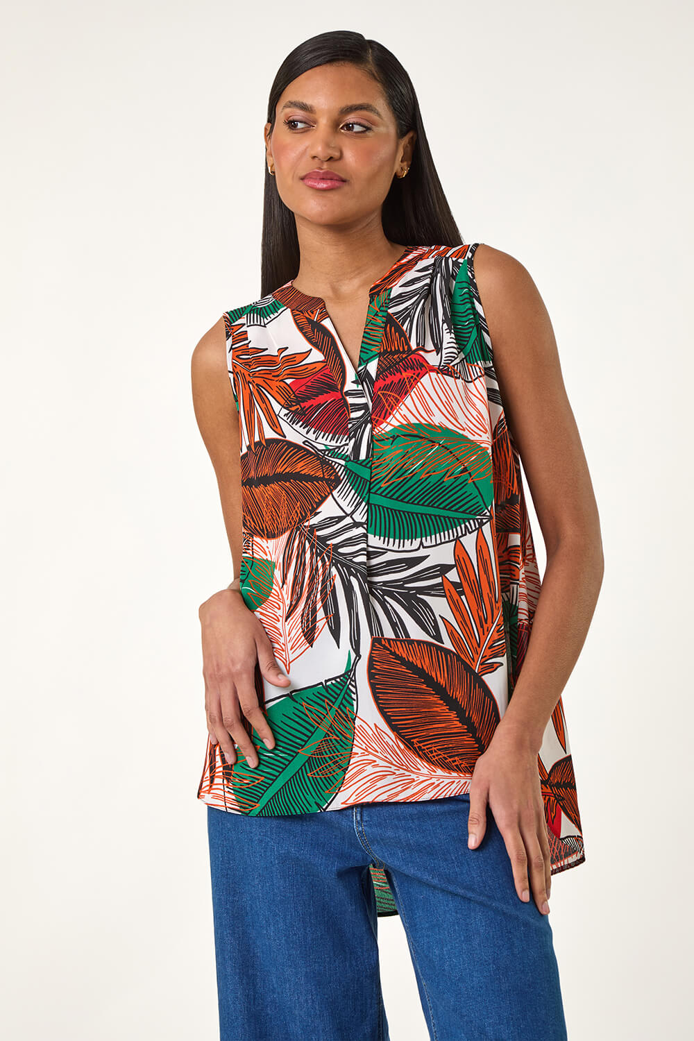Orange Leaf Print Pleated Vest Top, Image 1 of 5