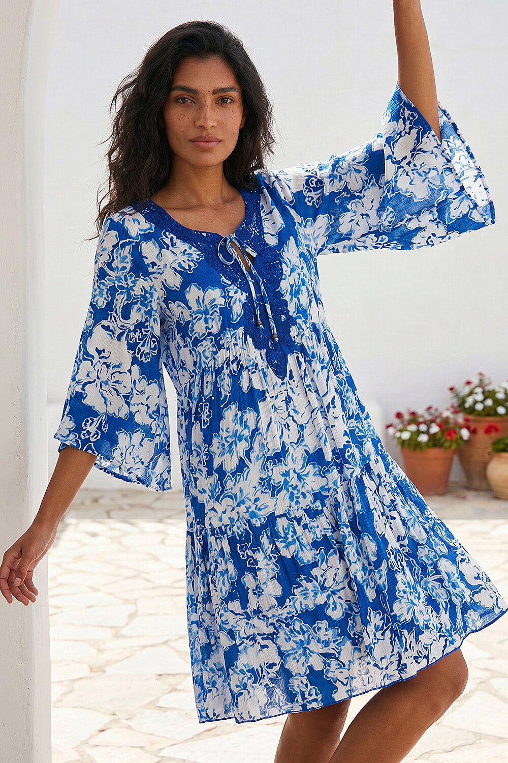 Blue Shadow Floral Lace Smock Dress, Image 3 of 4