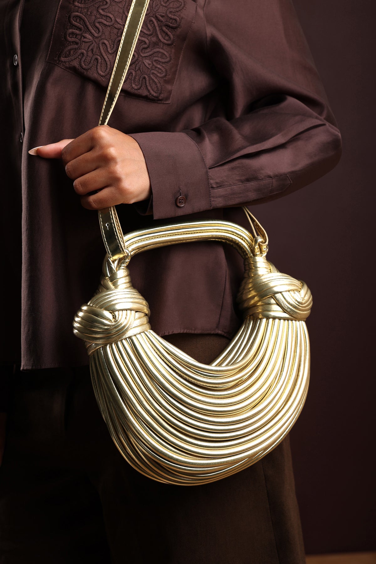 Gold Blossom Curved Metallic Shoulder Bag, Image 5 of 5