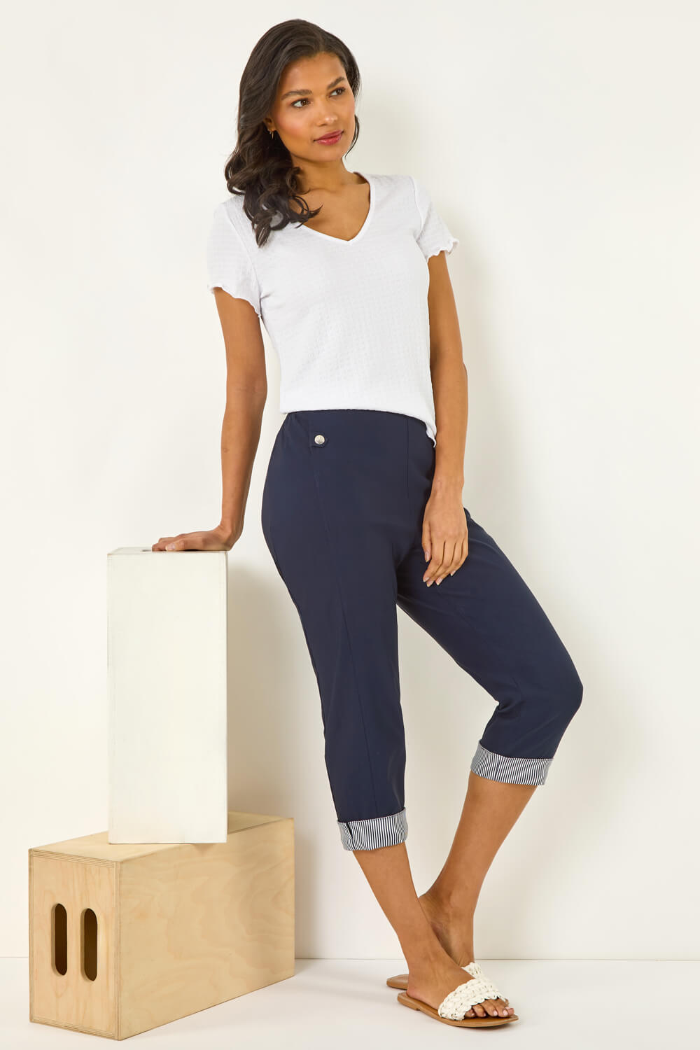 Navy Contrast Stripe Cropped Trouser, Image 1 of 5