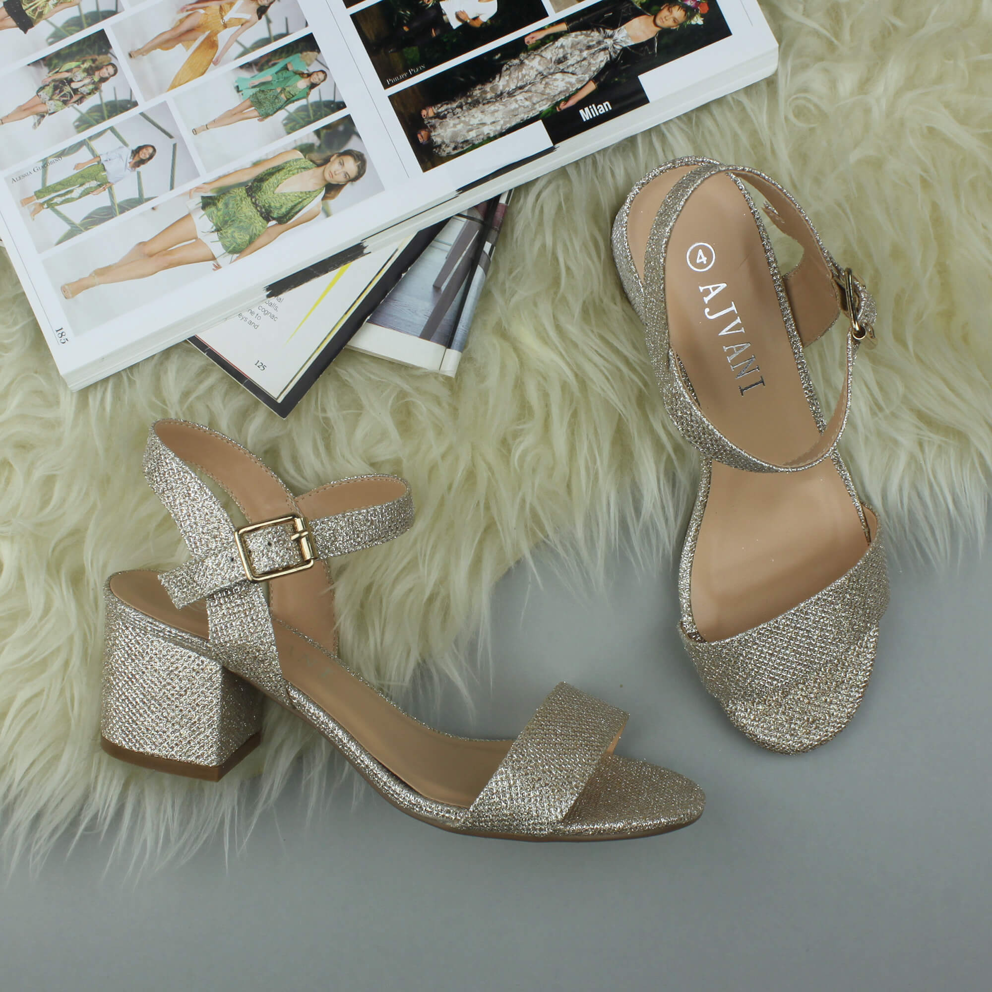 Champagne AJVANI Champagne Mid Block Heel Strappy Sandals, Image 4 of 6