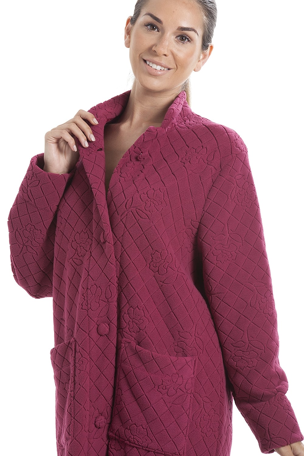 Burgundy Camille Lingerie Burgundy Soft Fleece Floral Button Up Housecoat, Image 5 of 5