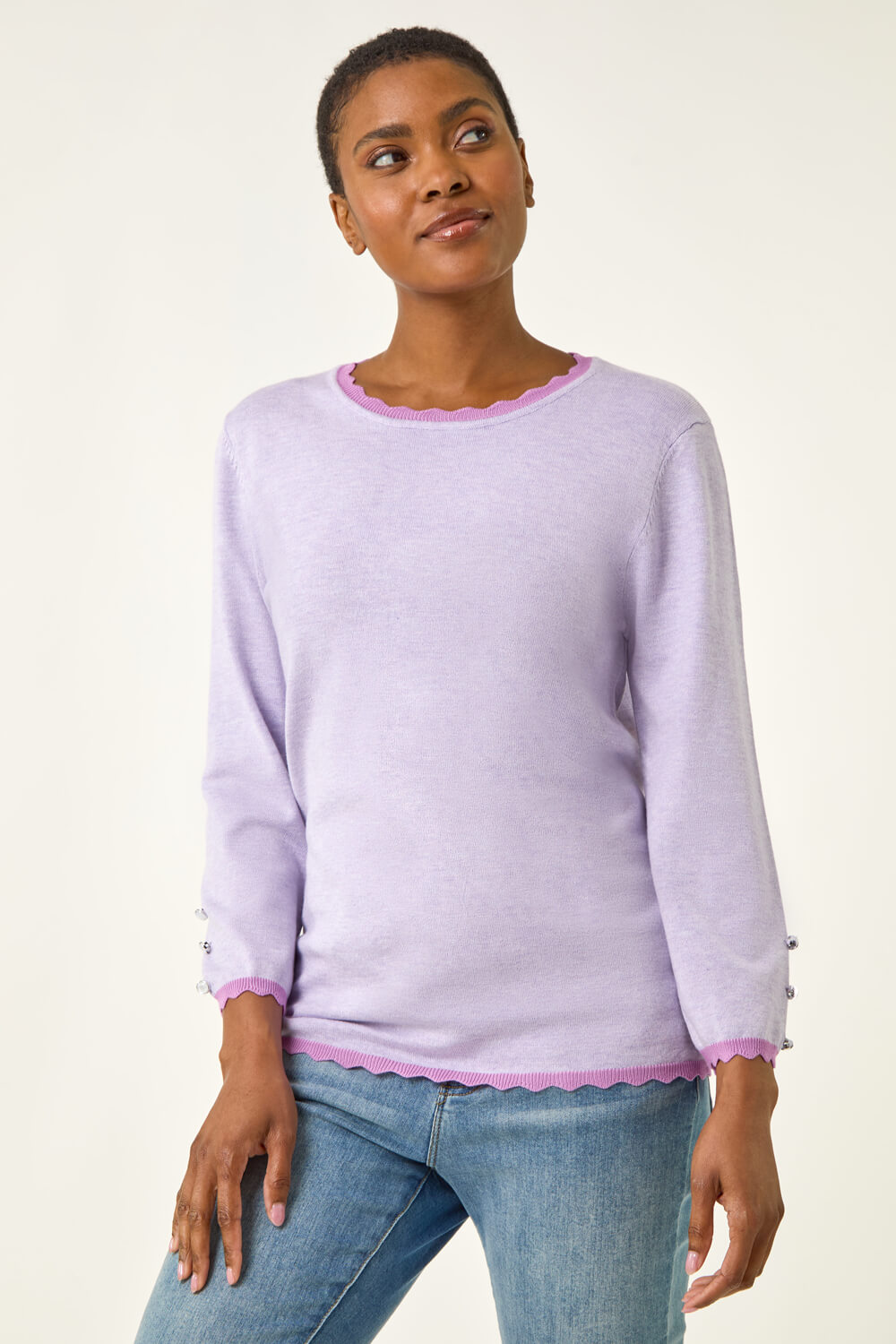 Lilac Scallop Neck Button Knit Jumper, Image 5 of 5