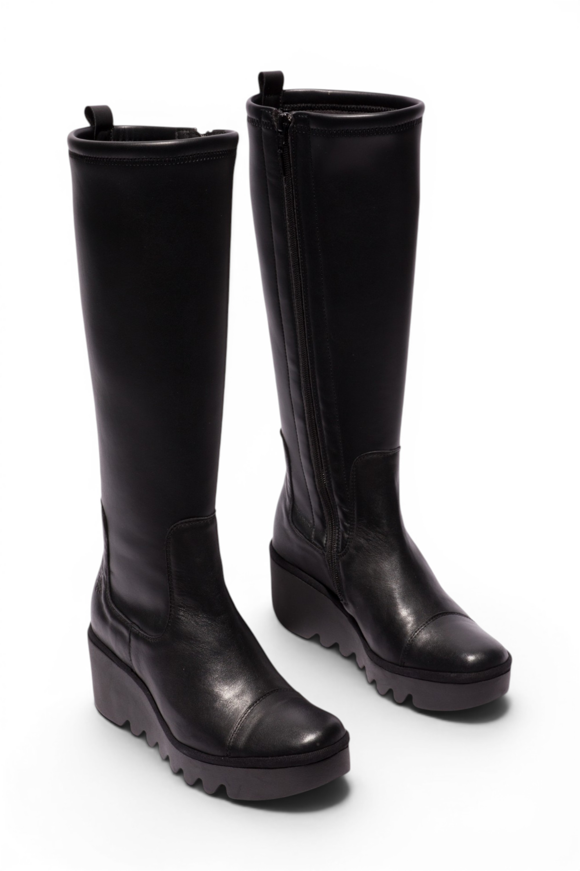 Black Womens Leather High Wedge Boots-BUDI603, Image 2 of 5