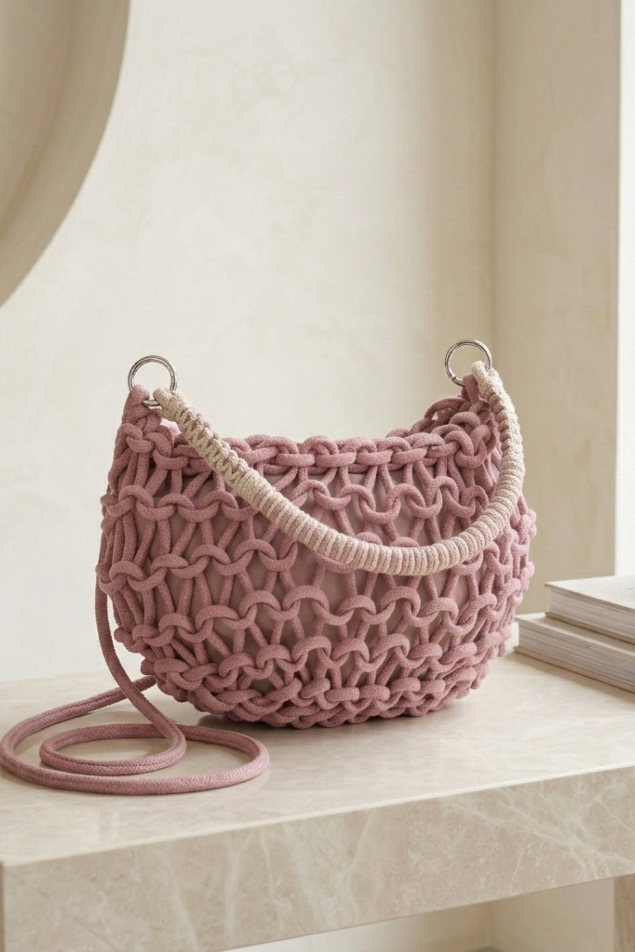 Pink Femme Luxe Pink Macramé Woven Shoulder Bag - Euna, Image 2 of 3
