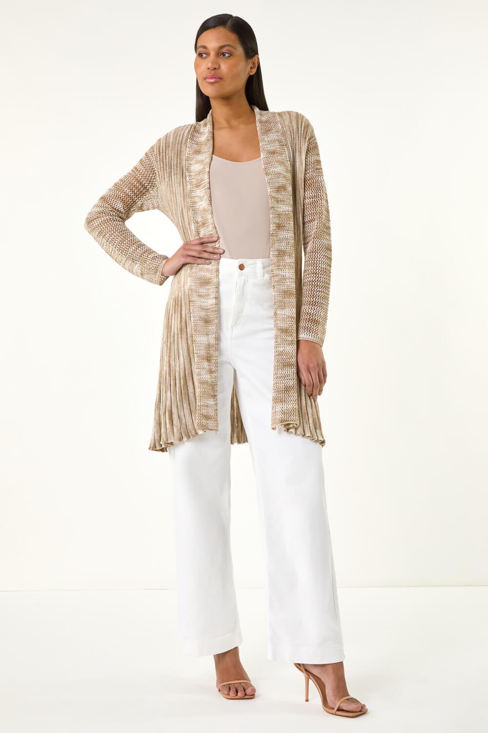 Natural Pointelle Longline Cardigan, Image 3 of 5