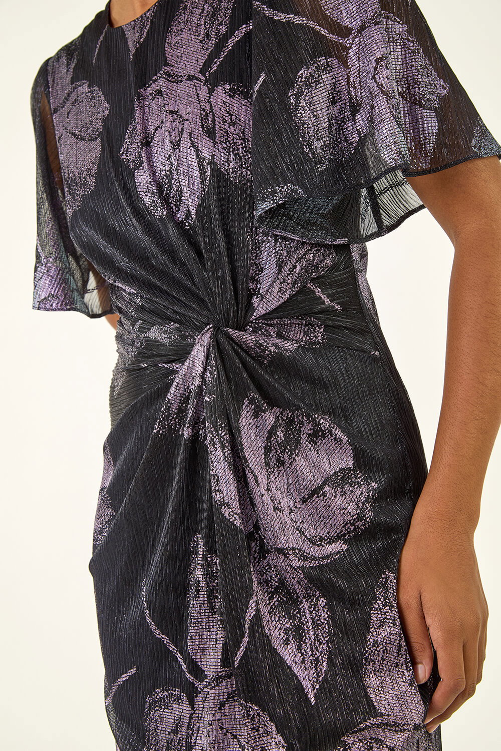 2025SS新品ヌキテパFoil Print Rib Combi Dress Navy Foil Print Twist Front Stretch Midi Dress | Roman UK