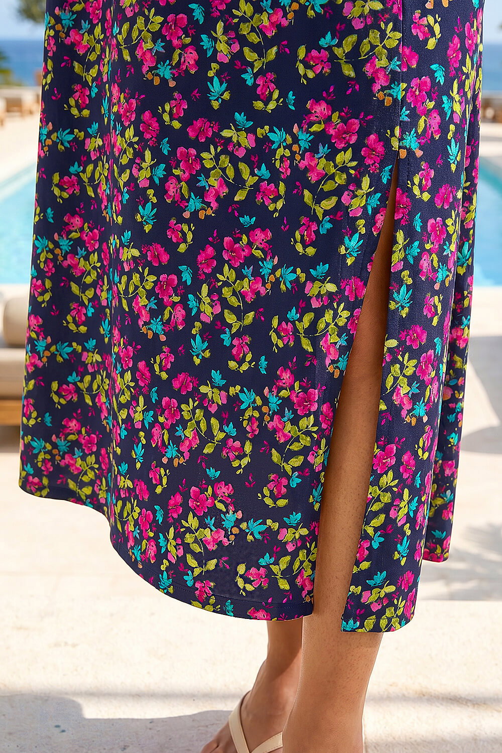 Pink Floral Print Ruched Stretch Midi Dress, Image 5 of 4