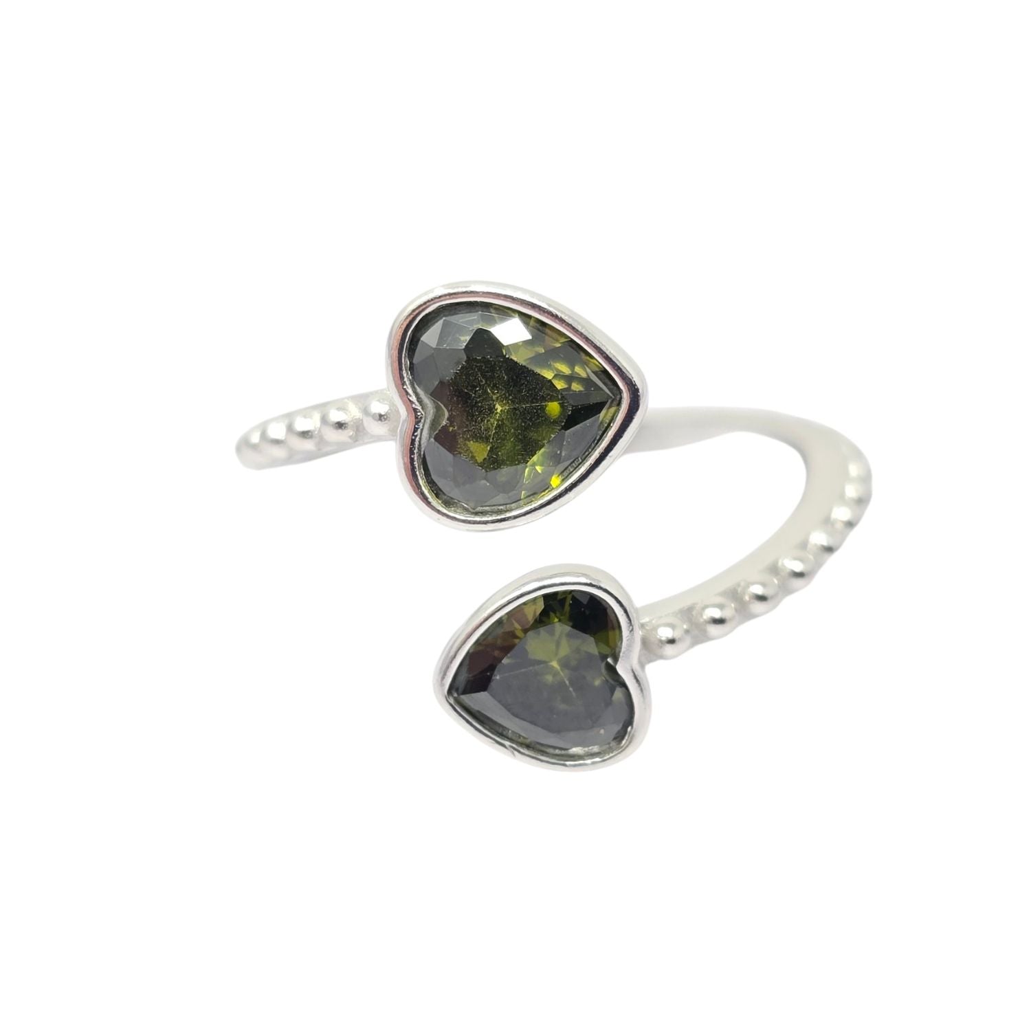 Metallic Double Heart Peridot Heart August Birthstone Adjustable Silver Ring
