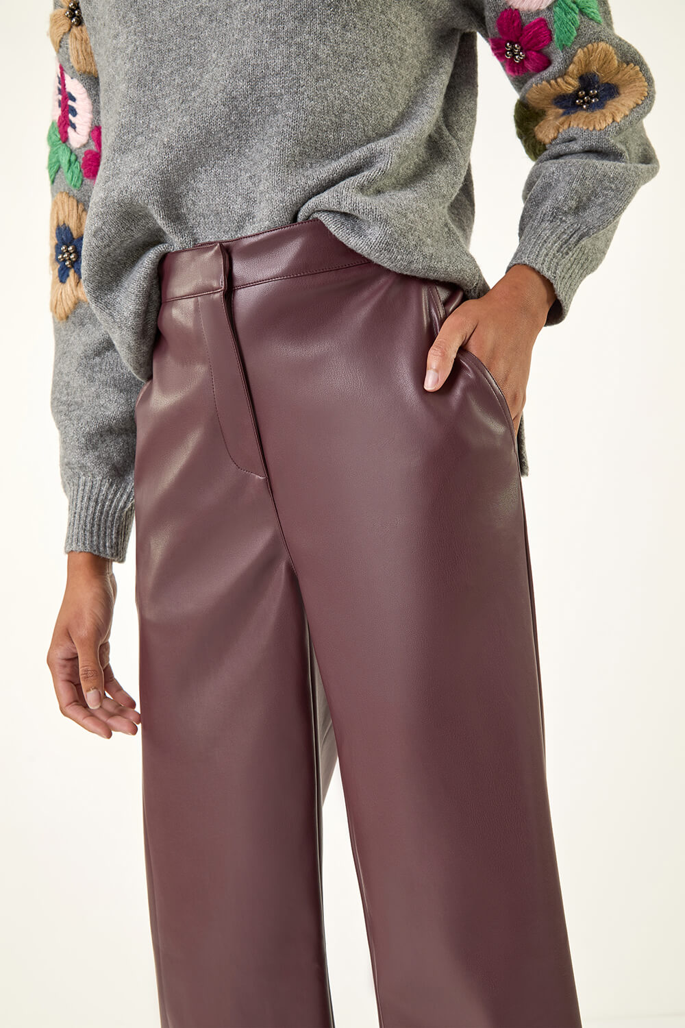 Wine Faux Leather Wide Leg Crop Trousers, Image 6 of 5