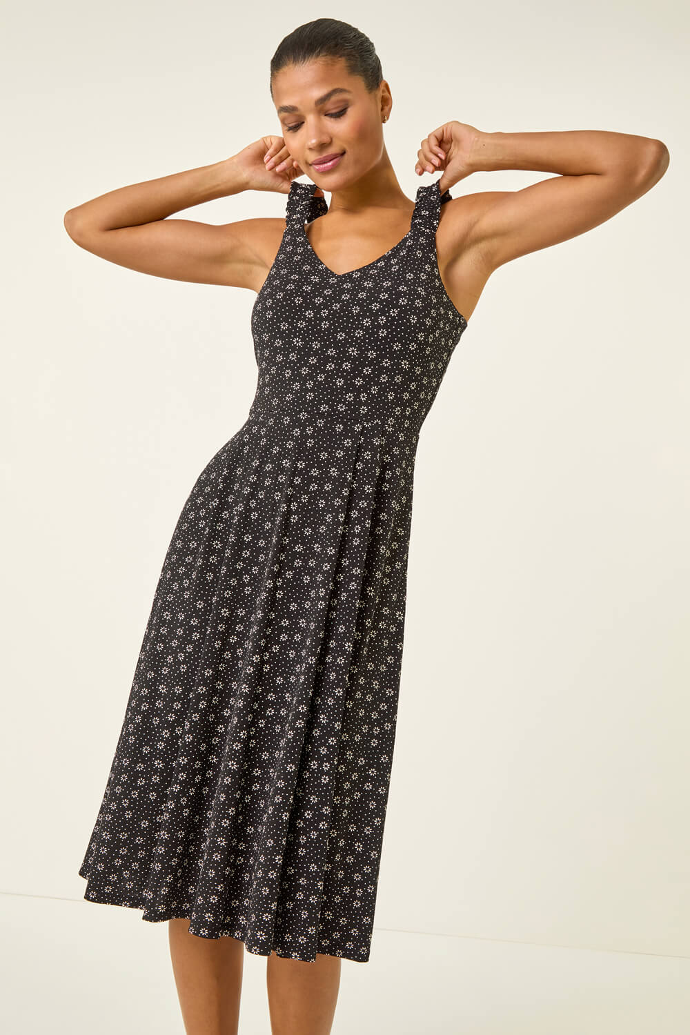 Roman Women's Black Floral Spot Print Midi Dress Size 20