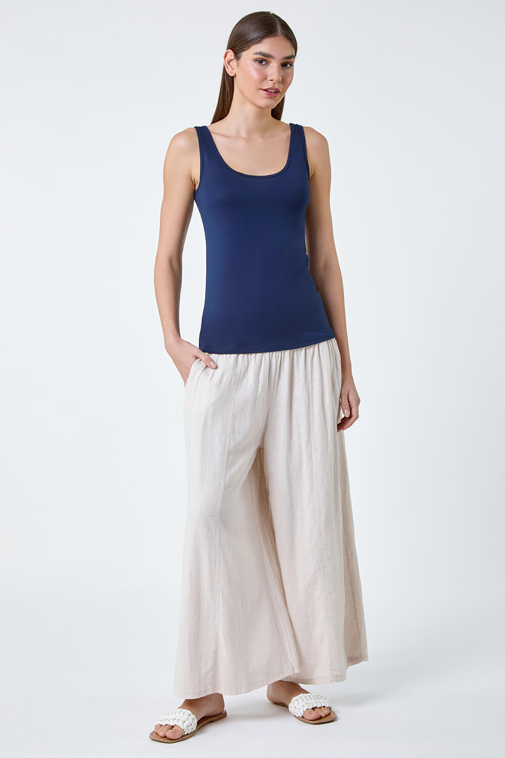 Roman Women's Navy Plain Stretch Jersey Vest Top - Size 16