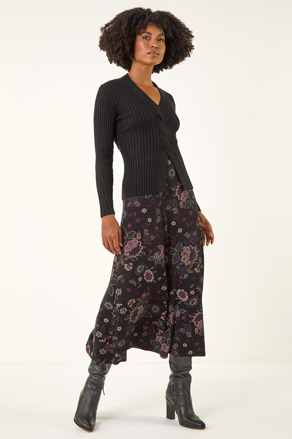 Black Floral Print Midi Elastic Waist Stretch Skirt, Image 4 of 5