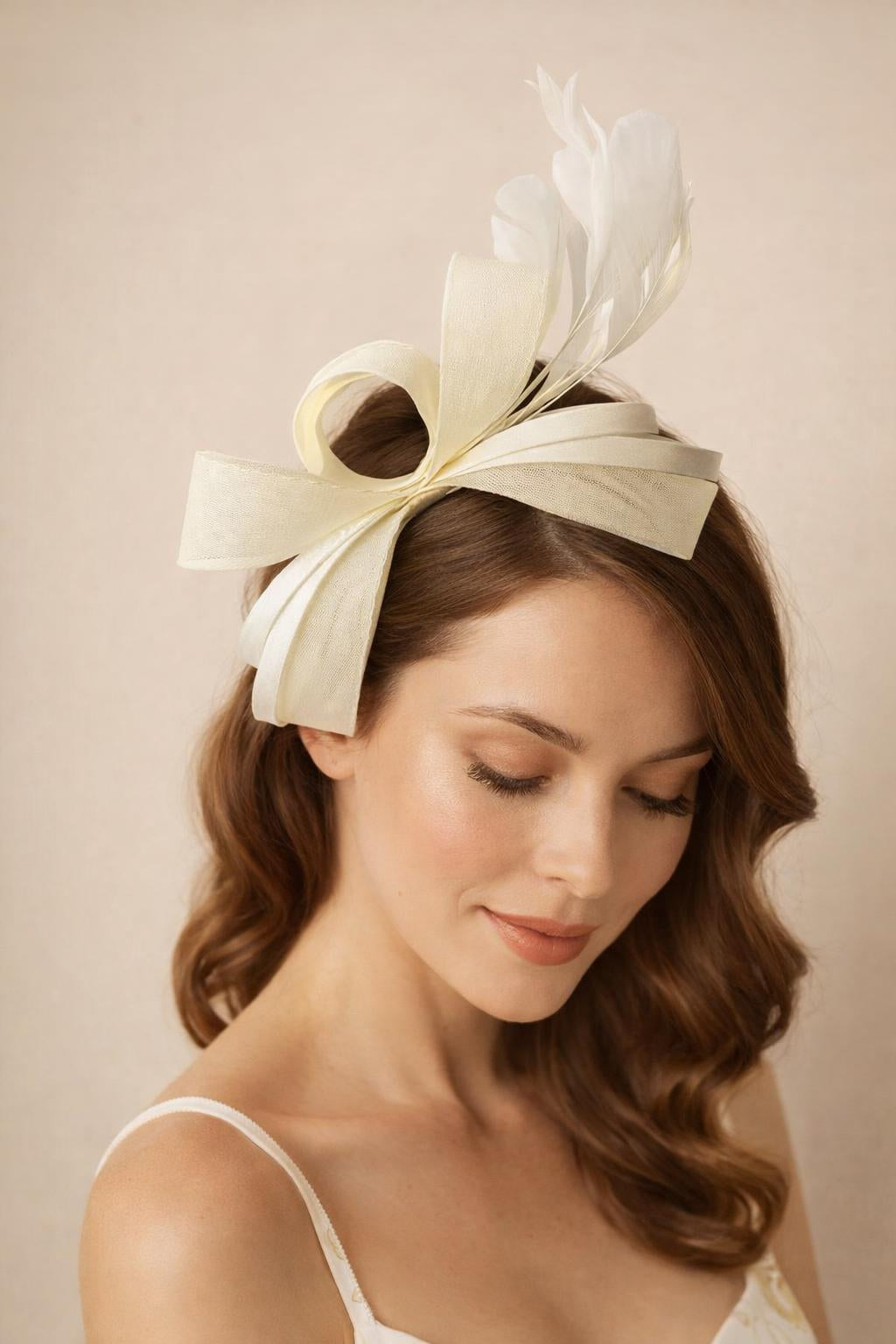Pink Bow Shaped Fascinator With Satin Loops & Feathers
