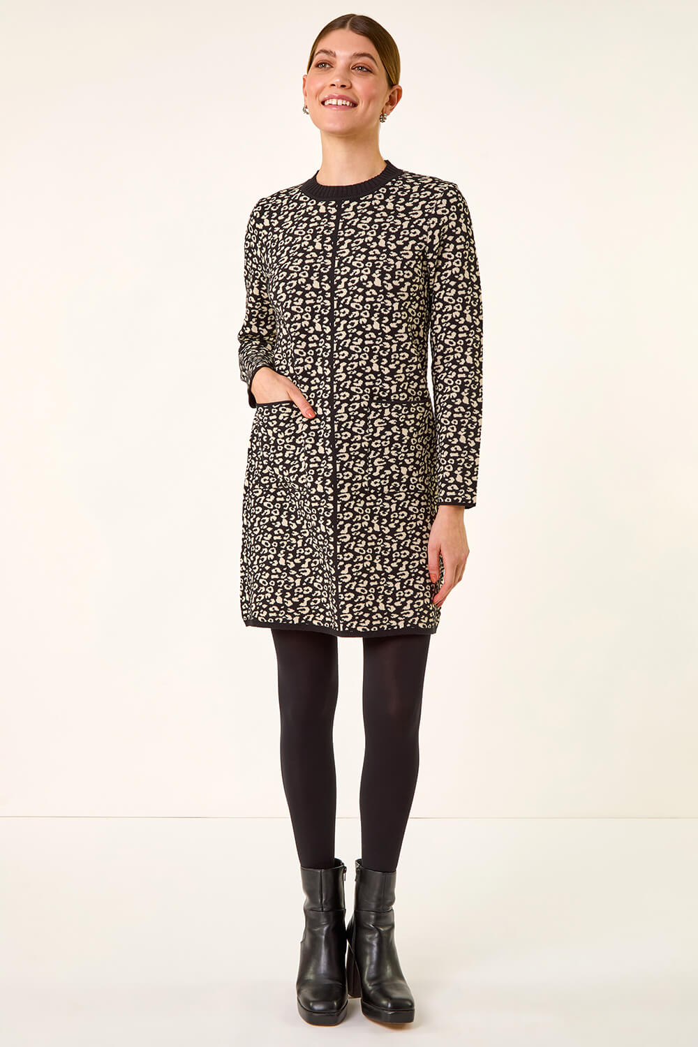 Black Animal Print Knitted Shift Dress, Image 1 of 5