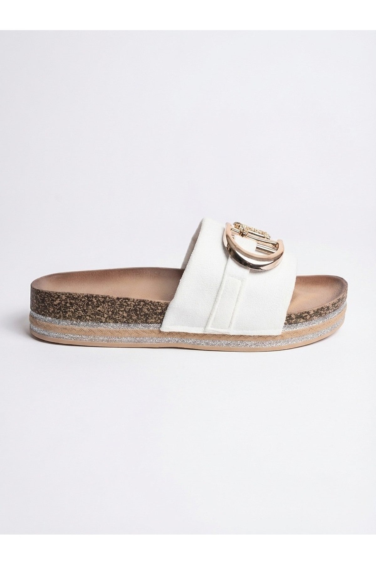 White iKrush White Mia Womens Embellished Cork Platform Sliders, Image 1 of 6