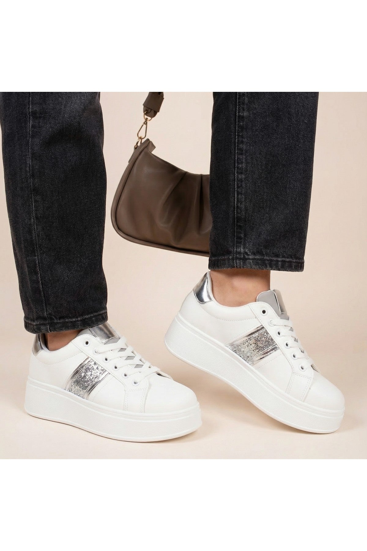 Silver Malina Chunky Platform Glitter Detail Trainers, Image 2 of 8
