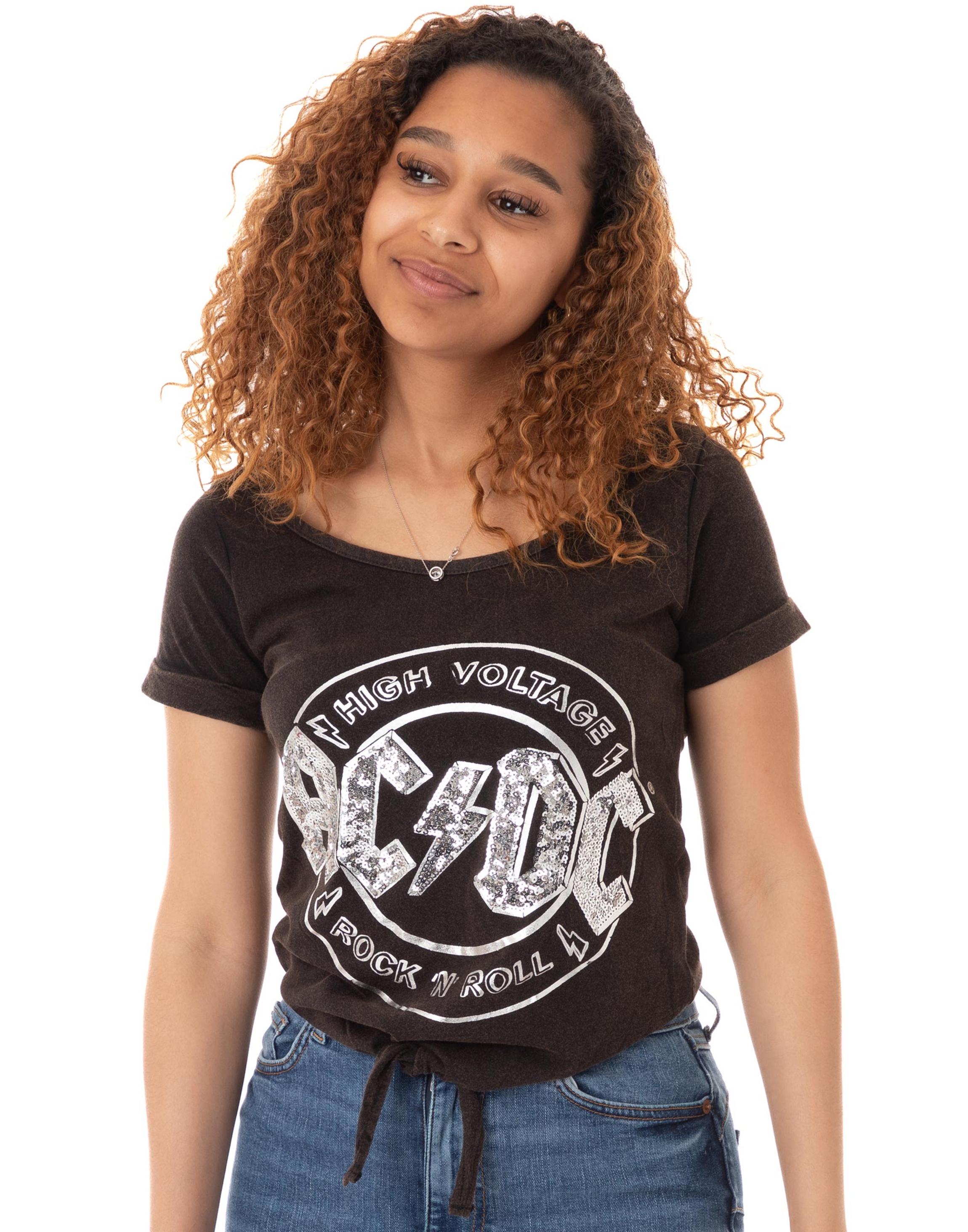 Black Ac/Dc High Voltage Sequin Acid Wash T-Shirt